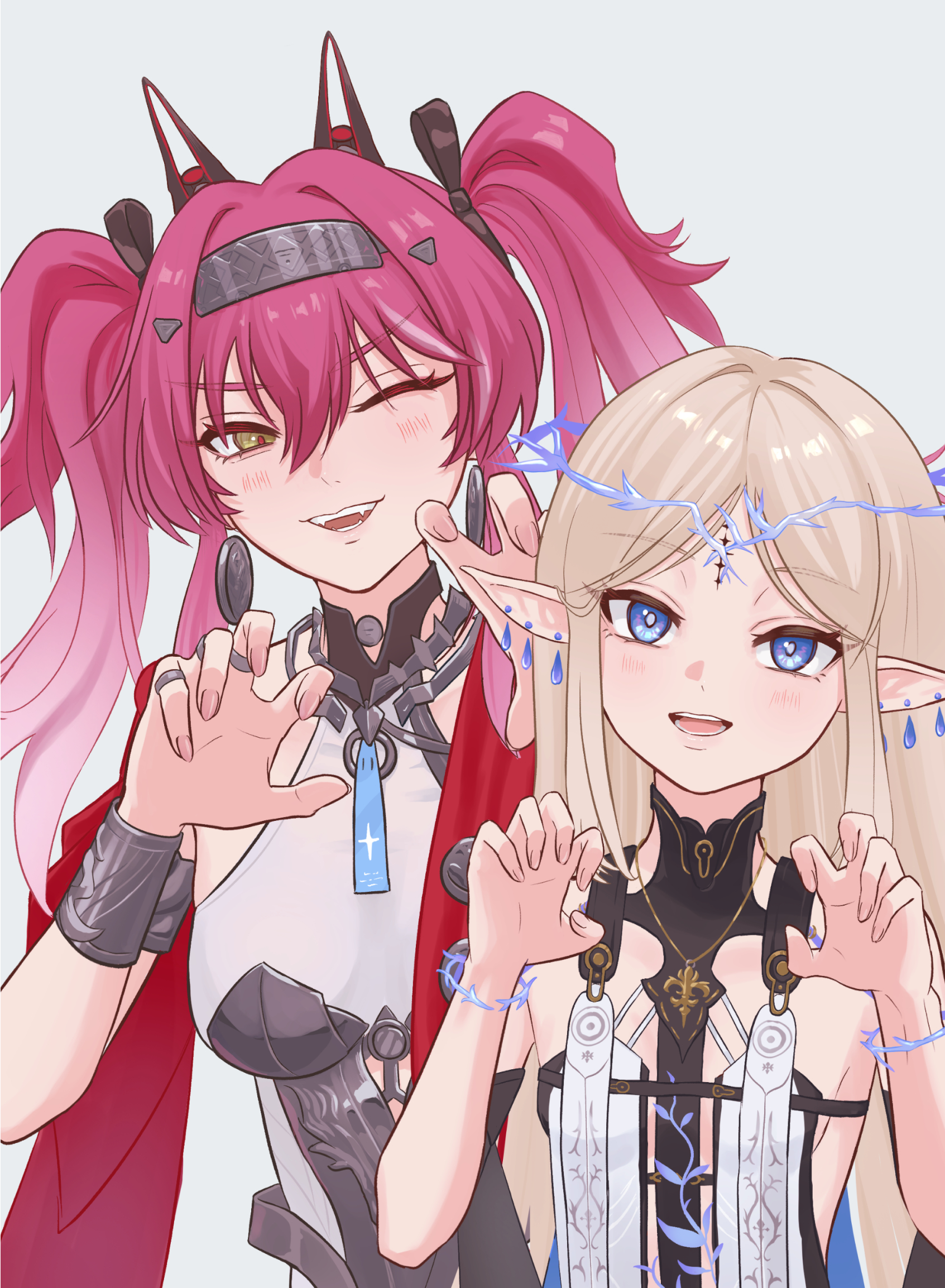 cartethyia (wuthering waves), lupa (wuthering waves), wuthering waves, commentary request, highres, 2girls, 8k u, armor, black bow, blue eyes, bow, breastplate, claw pose, collar, crown of thorns, earrings, fingernails, grey background, hair between eyes, hair bow, hairband, hands up, headgear, jewelry, long hair, looking at viewer, metal collar, metal hairband, multiple earrings, multiple girls, multiple hair bows, necklace, one eye closed, parted bangs, pink hair, pointy ears, red pupils, simple background, smile, tacet mark (wuthering waves), twintails, yellow eyes