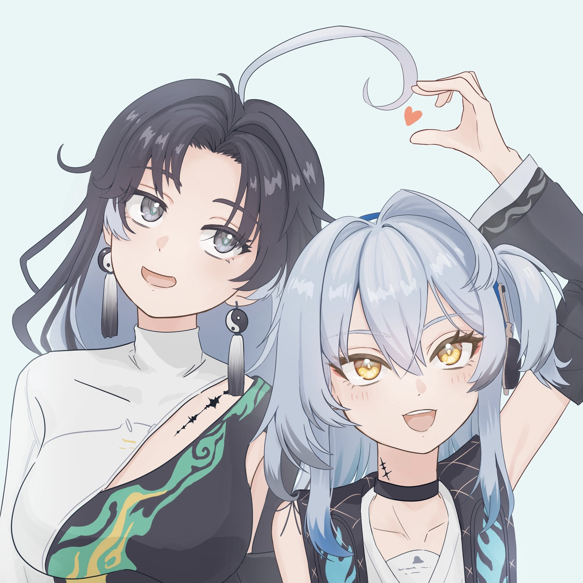 buling (wuthering waves), jianxin (wuthering waves), wuthering waves, commentary request, highres, 2girls, 8k u, ahoge, arm up, black choker, black eyes, black hair, black shirt, blue hair, breasts, choker, collarbone, colored inner hair, detached sleeves, grey hair, headphones, heart, huge ahoge, medium breasts, multicolored hair, multiple girls, open mouth, shirt, side ponytail, smile, tacet mark (wuthering waves), two-tone shirt, white shirt, yellow eyes