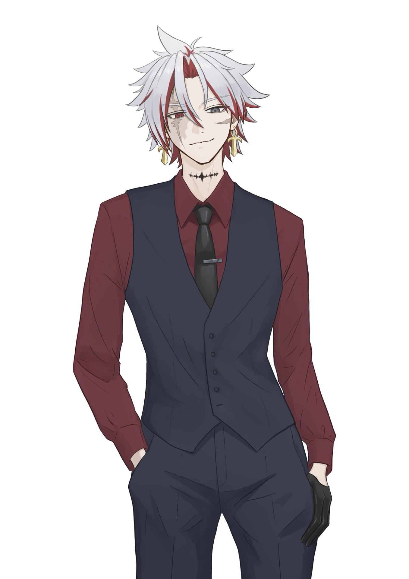 scar (wuthering waves), wuthering waves, commentary request, highres, 1boy, 8k u, alternate costume, black gloves, black necktie, black pants, black vest, closed mouth, collared shirt, cross, cross earrings, earrings, gloves, grey eyes, grey hair, hand in pocket, heterochromia, jewelry, long sleeves, looking at viewer, male focus, necktie, pants, red eyes, red hair, red shirt, shirt, smile, solo, tacet mark (wuthering waves), vest