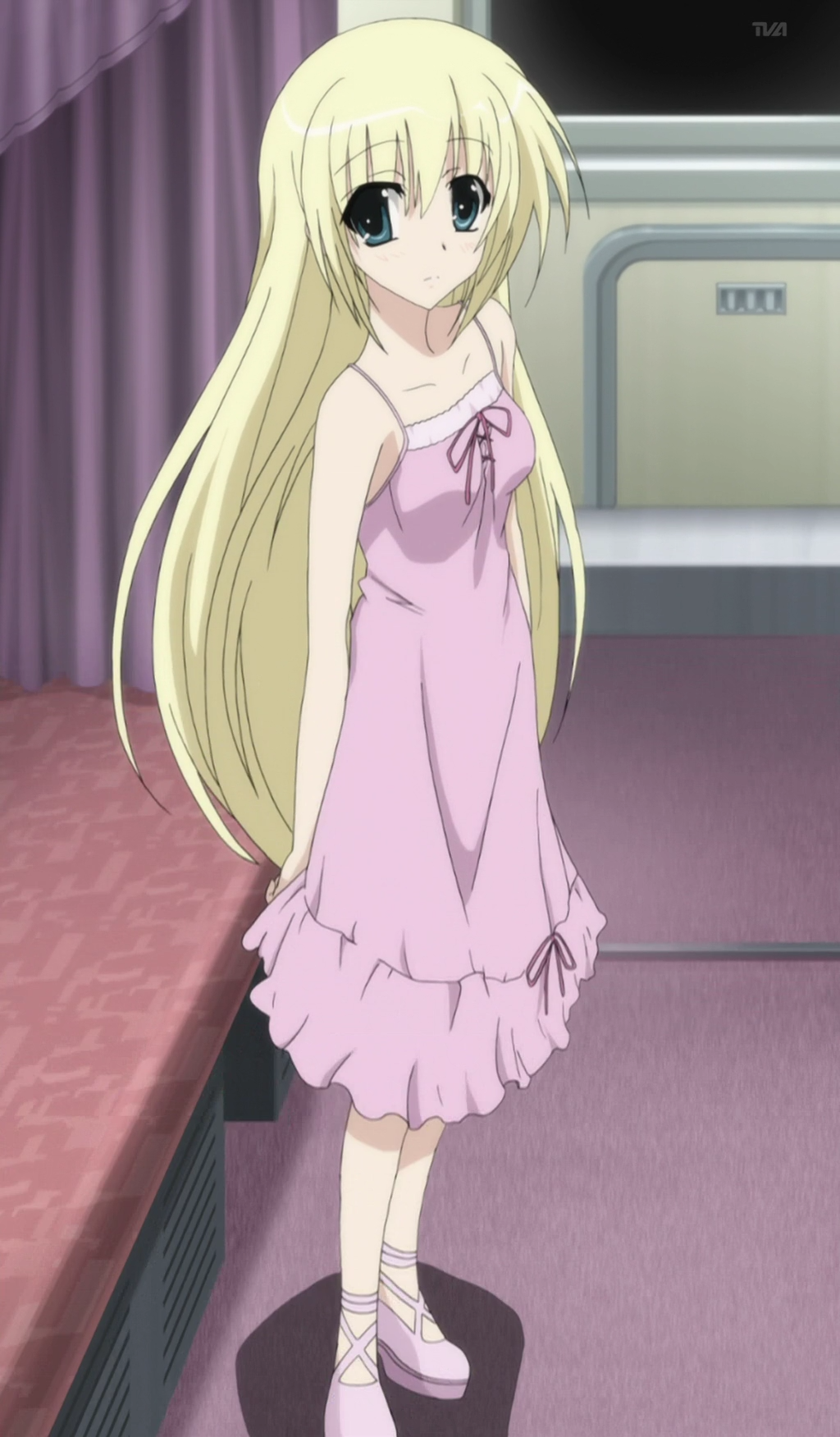 shiina mafuyu, seitokai no ichizon, highres, stitched, third-party edit, 00s, blonde hair, blue eyes, long hair, nightgown, pink theme, train