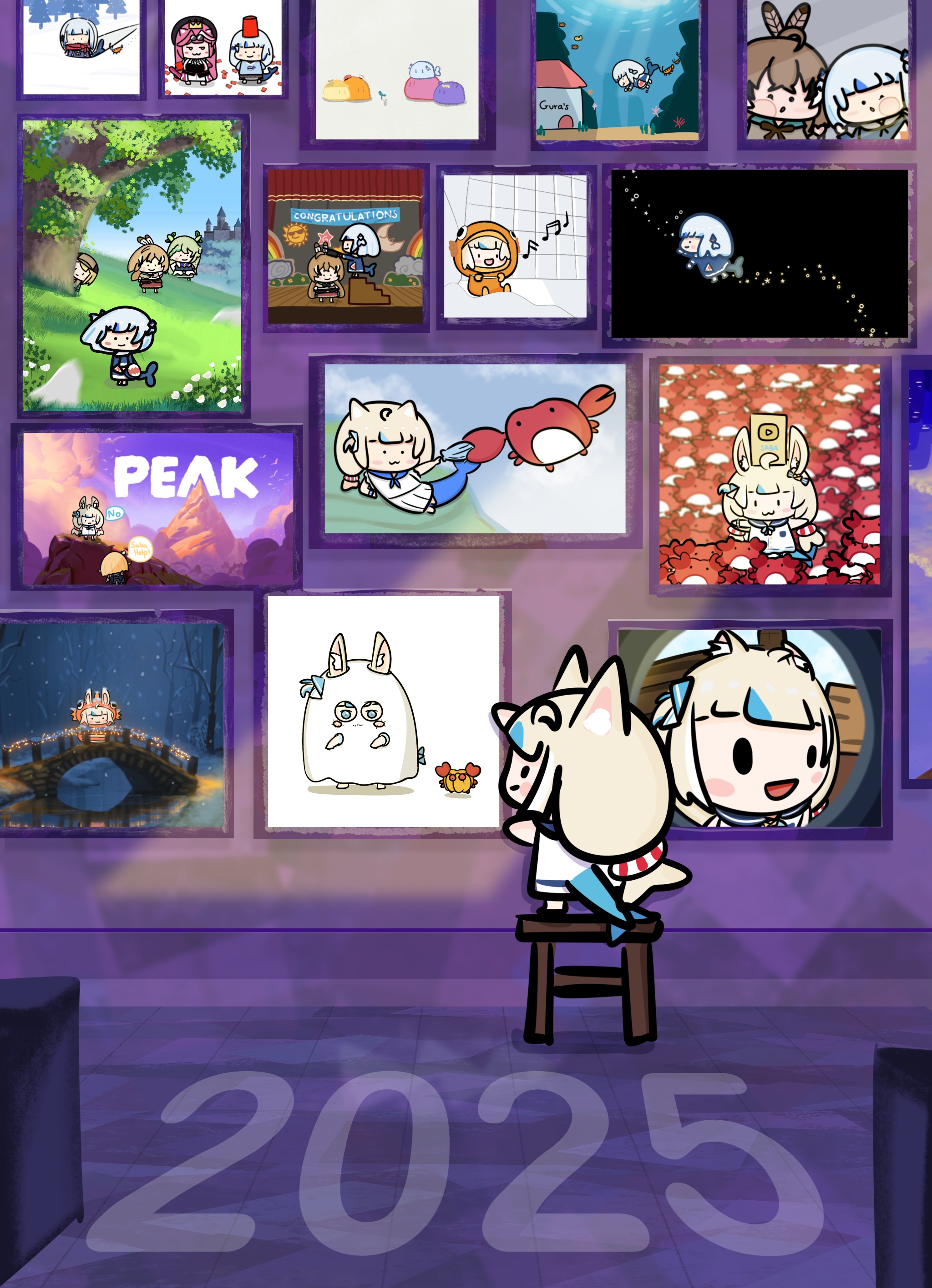 sutee c, ceres fauna, dooby, ebi-chan (gawr gura), gawr gura, kaniki (sameko saba), mori calliope, nanashi mumei, nanashi mumei (1st costume), ninomae ina'nis, raora panthera, sameko saba, sameko saba (halloween), takanashi kiara, watson amelia, clannad, dango daikazoku, hololive, hololive english, indie virtual youtuber, peak (game), sousou no frieren, the birth of venus, absurdres, highres, 2025, against fourth wall, ahoge, animal ear fluff, animal ears, antler ribbon, antlers, blonde hair, blue eyes, blue hair, blue hoodie, blue streaks, bob cut, brown capelet, brown cloak, brown corset, brown hair, capelet, cat ears, cloak, corset, crab, crown, dress, eyewear on head, feather hair ornament, feathers, fins, fish costume, fish girl, fish hood, fish tail, fisheye, flower, ghost costume, gold creator award, green hair, hair flower, hair ornament, halloween costume, hat, hood, hoodie, horns, lifebuoy anklet, lifebuoy hair ornament, long hair, low twintails, multicolored hair, one side up, panther ears, panther girl, paper boat, pink hair, ponytail, sameko saba (roommate), scrunchie, shark girl, shark tail, short hair, shrimp, smile, streaked hair, sunglasses, tail, tree horns, twintails, very long hair, virtual youtuber, white dress, wrist scrunchie, youtube creator award, youtube logo