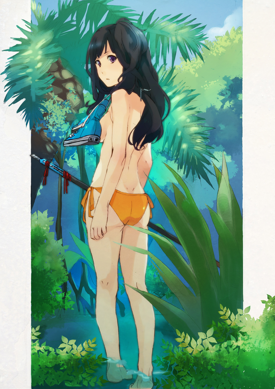 fusion-s, converse, original, highres, 1girl, barefoot, bikini, bikini bottom only, black hair, boxcutter, breasts, dimples of venus, female focus, from behind, kneepits, legs, long hair, looking back, nature, orange bikini, palm tree, polearm, purple eyes, shoes, side-tie bikini bottom, small breasts, sneakers, soaking feet, solo, swimsuit, topless female, tree, wading, water, weapon