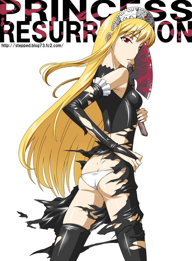 hinoki (hinoki-buro), hime (kaibutsu oujo), kaibutsu oujo, 00s, axe, blonde hair, long hair, panties, red eyes, tiara, torn clothes, underwear, weapon
