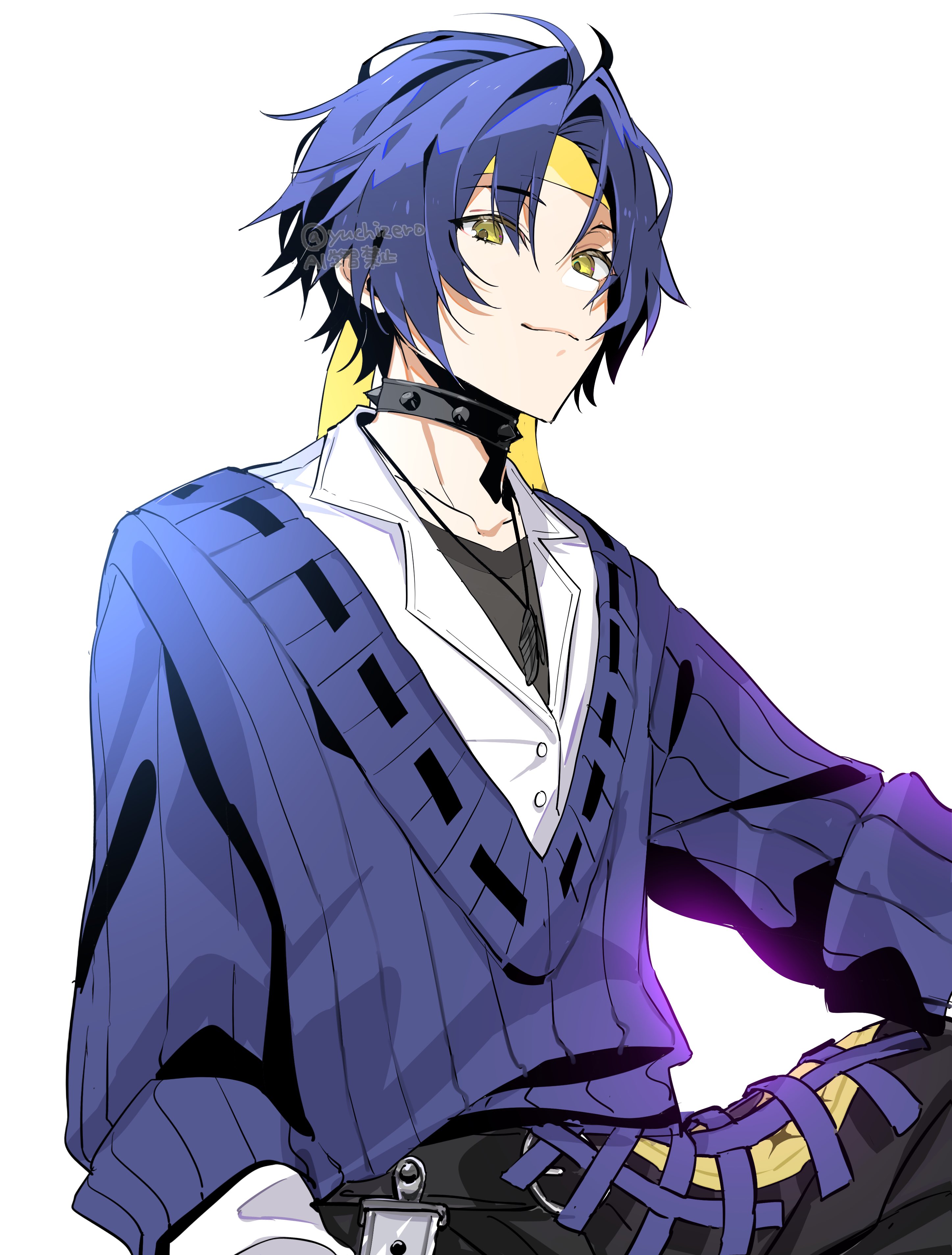 yuchizero, asaba harumasa, zenless zone zero, absurdres, commentary request, highres, 1boy, alternate costume, black hair, black pants, blue sweater, closed mouth, collar, collarbone, headband, light smile, looking at viewer, male focus, pants, parted bangs, shirt, short hair, simple background, solo, spiked collar, spikes, sweater, white background, white shirt, yellow eyes, yellow headband