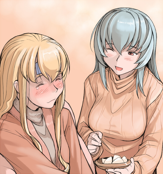 tsuda nanafushi, shinku, suigintou, rozen maiden, silver hair, 00s, 2girls, aged up, blonde hair, blush, breasts, casual, food, large breasts, multiple girls, pink eyes, tears