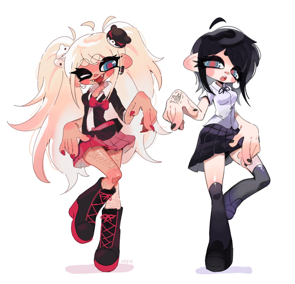 enoshima junko, ikusaba mukuro, inkling girl, inkling player character, danganronpa: trigger happy havoc, danganronpa (series), nintendo, splatoon (series), 2girls, bandaid, bandaid on knee, bandaid on leg, bear earrings, bear hair ornament, black hair, black nails, blonde hair, blush, boots, bow, bowtie, fangs, fingernails, hair ornament, hand tattoo, long fingernails, multiple girls, one eye closed, parody, red nails, red skirt, self-harm scar, short hair, siblings, sisters, skirt, style parody, tan, tattoo, twins, twintails, veemeowr