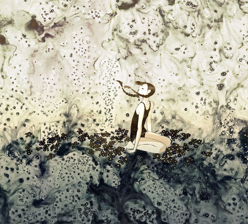 kumaori jun, original, bad id, bad pixiv id, 1girl, abstract, bad anatomy, black hair, braid, female focus, full body, kneeling, looking back, one-piece swimsuit, solo, surreal, swimsuit, twin braids, wind