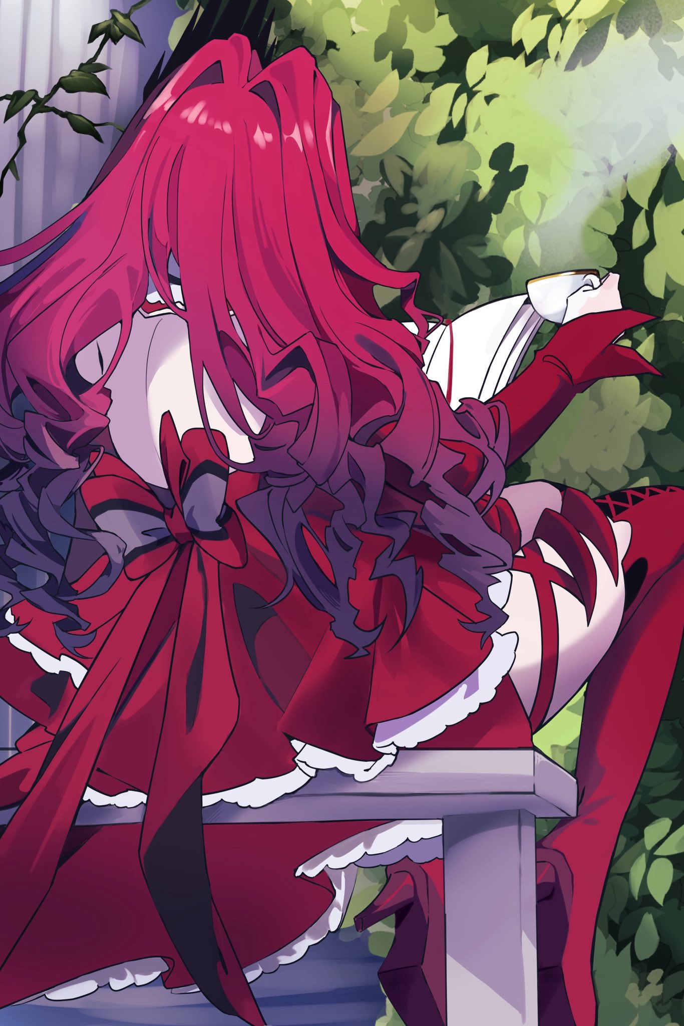 ma ple, baobhan sith (fate), baobhan sith (first ascension) (fate), fate/grand order, fate (series), highres, 1girl, back, boots, cup, dress, from behind, high heel boots, high heels, holding, holding cup, long hair, pink hair, reading, red dress, sitting, solo, teacup, thigh boots