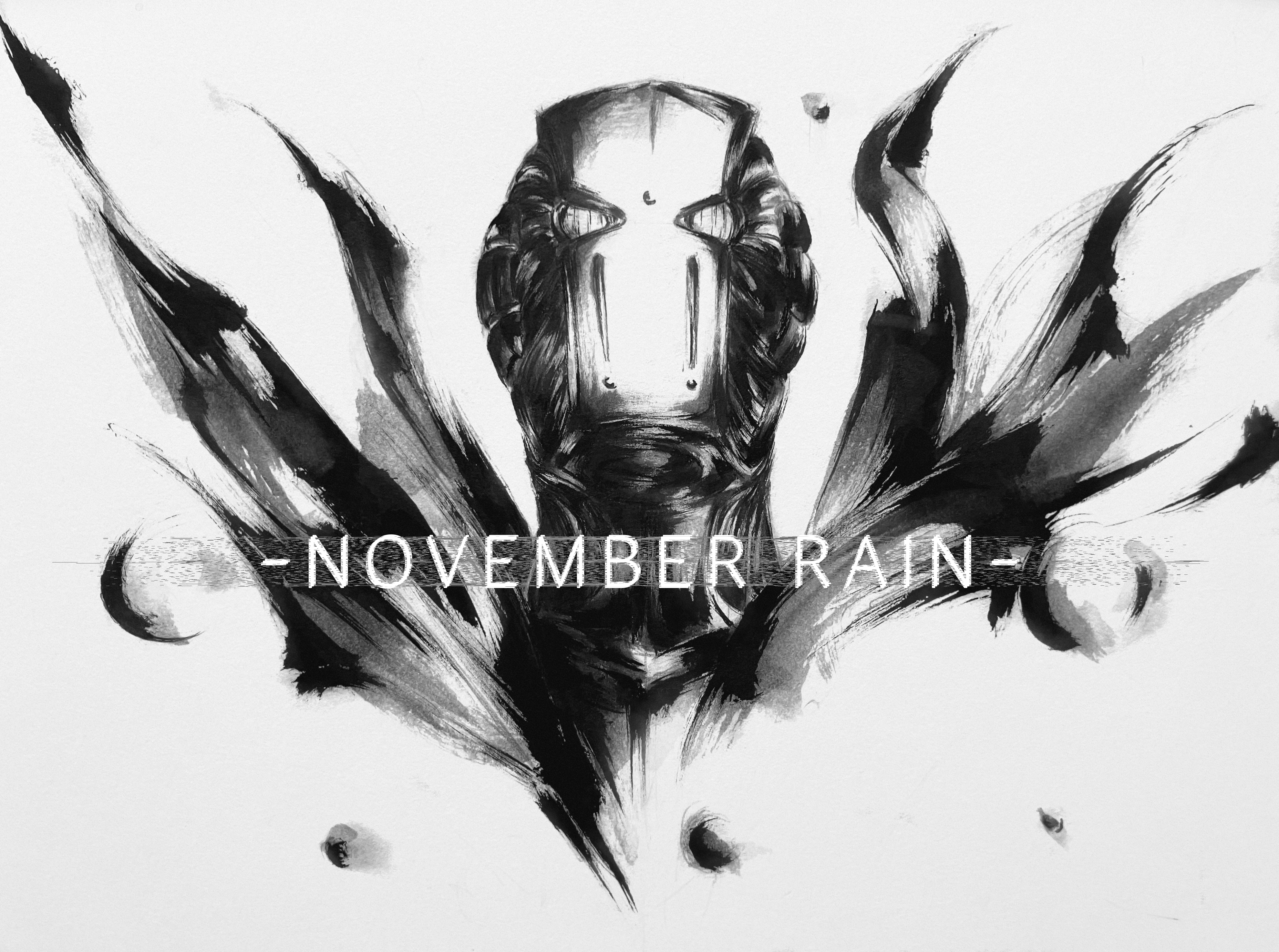 jojo no kimyou na bouken, the jojolands, absurdres, highres, mixed-language commentary, 1other, character name, english text, ink, inksac, looking at viewer, monochrome, no humans, no mouth, no pupils, november rain (stand), simple background, solo, stand (jojo), white background