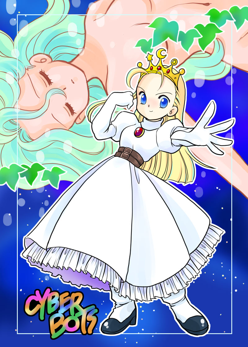 kisaragi miyuki, arieta (cyberbots), devilot de deathsatan ix, cyberbots, commentary request, 2girls, belt, belt buckle, black shoes, blonde hair, blue eyes, breasts, brooch, brown belt, buckle, closed eyes, closed mouth, copyright name, dress, elbow gloves, frilled dress, frills, gem, gloves, green hair, hair between eyes, hand up, jewelry, leaf, leaf censor, long dress, long hair, looking at viewer, multiple belts, multiple girls, navel, nude, open hand, outstretched arm, puffy short sleeves, puffy sleeves, red gemstone, shoes, short sleeves, small breasts, smile, socks, space, standing, star (sky), takemoto izumi (style), tiara, turtleneck, turtleneck dress, wavy hair, white dress, white gloves, white socks