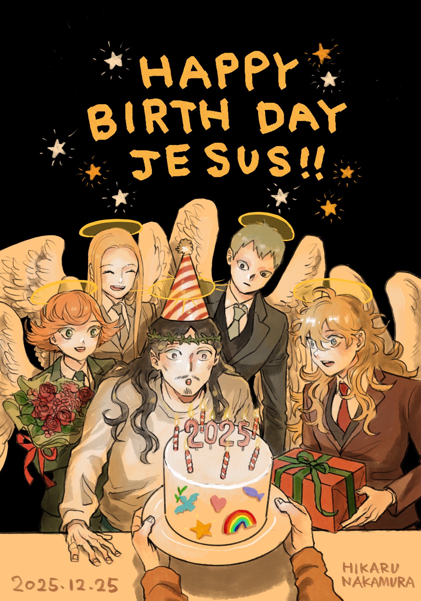 nakamura hikaru, jesus, jesus (saint onii-san), saint onii-san, character request, highres, 2025, angel wings, birthday cake, black suit, bouquet, cake, candle, crown of thorns, dated, facial hair, flower, food, formal clothes, gift, halo, happy birthday, holding, holding bouquet, holding gift, long hair, necktie, shirt, suit, white shirt, wings