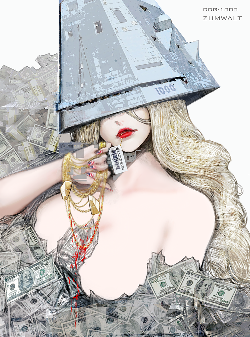 labombardier!, original, commentary request, american flag, american flag print, banknote, barcode, blonde hair, blood, breasts, dollar bill, facing viewer, flag nails, flag print, gold necklace, hand up, jewelry, large breasts, long hair, military, money, mouth hold, nail art, necklace, parted lips, personification, price tag, qr code, red lips, unworn jewelry, unworn necklace, uss zumwalt (ddg-1000)