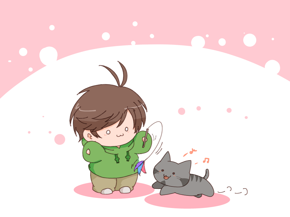 reon (02779), edd (eddsworld), eddsworld, commentary request, 1boy, :3, :d, animal, antenna hair, arms up, brown hair, brown pants, cat, cat teaser, chibi, chibi only, drawstring, green hoodie, grey cat, holding, holding cat teaser, hood, hood down, hoodie, long sleeves, male focus, musical note, o o, open mouth, pants, ringo (eddsworld), shoes, short hair, smile, solid circle eyes, swept bangs, tabby cat, white shoes