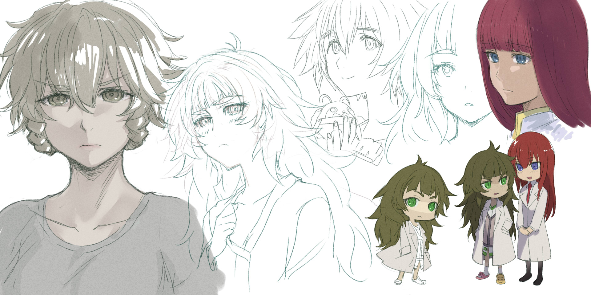 menomorute, amane suzuha, amane suzuha (beta), hiyajou maho, makise kurisu, shiina kagari, shiina mayuri, upa (steins;gate), science adventure, steins;gate, steins;gate 0, highres, 5girls, asymmetrical footwear, blunt bangs, braid, collar, crocs, deformed, dress, green collar, green dress, green eyes, green hair, green trim, grey jacket, hands in pockets, holding, jacket, jacket over dress, lab coat, long hair, long sleeves, messy hair, mismatched footwear, multiple girls, pink sandals, sandals, shirt, thick eyebrows, twin braids, very long hair