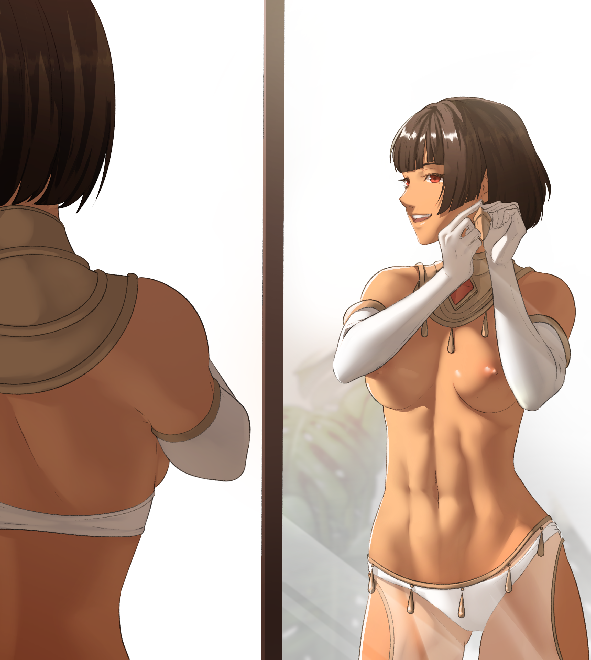 pomelomelon, absurdres, highres, 1girl, abs, ancient egyptian clothes, bob cut, brown hair, criss-cross halter, dark-skinned female, dark skin, dressing, gloves, halterneck, harem outfit, jewelry, partially undressed, putting on jewelry, rana (original character), red eyes, short hair, toned, toned female, toned stomach, topless female, translucent