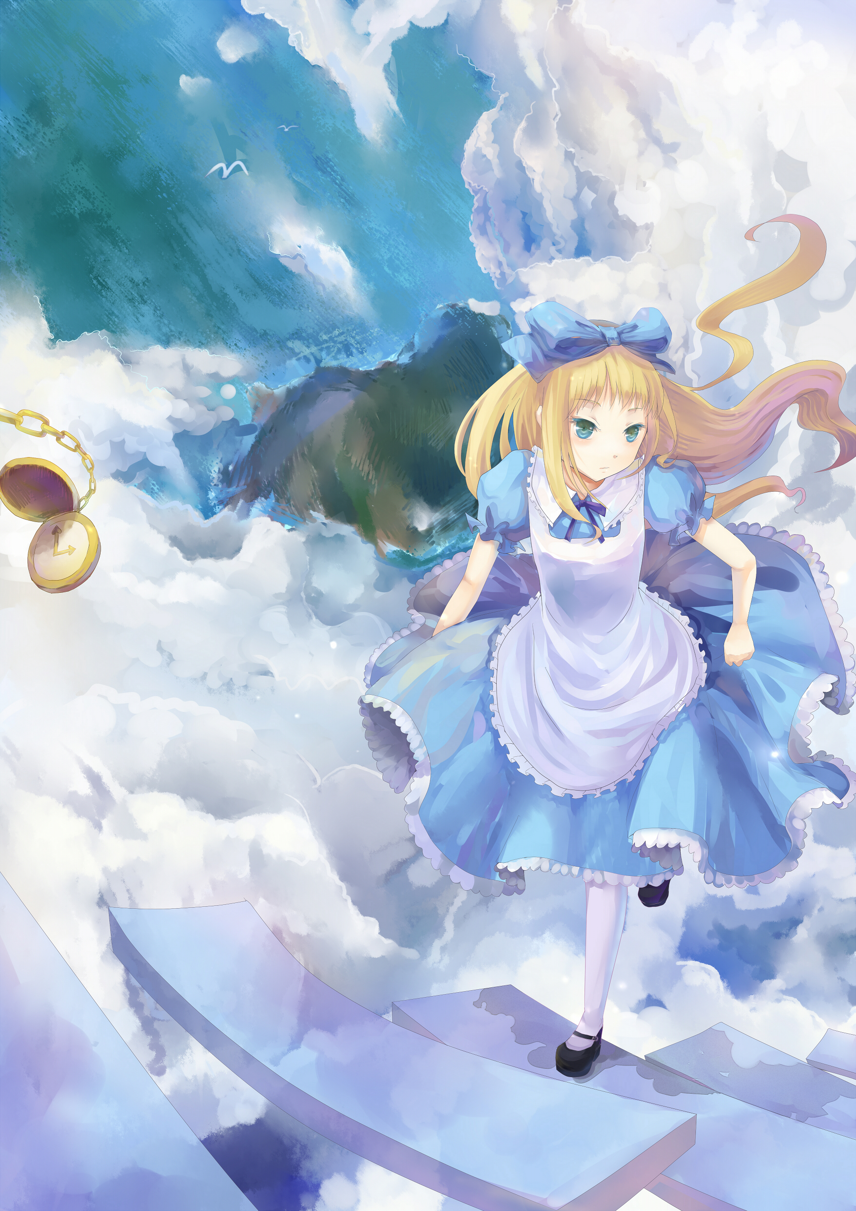 rifsom, alice (alice in wonderland), alice's adventures in wonderland, absurdres, bad id, bad pixiv id, highres, 1girl, bird, blonde hair, bow, chain, clock, cloud, dress, female focus, hair bow, long hair, pantyhose, sky, solo