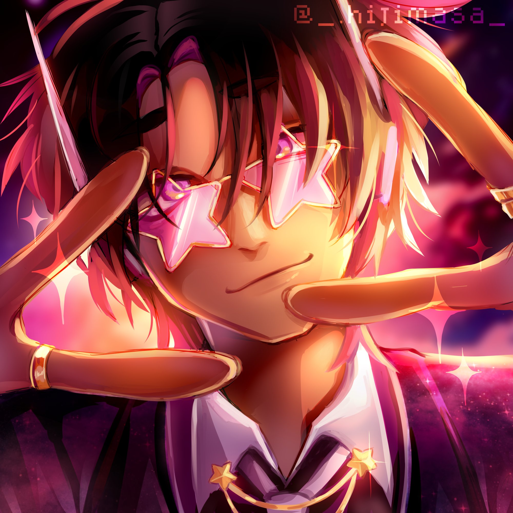 original, commentary, commission, english commentary, highres, 1boy, black hair, blurry, blurry background, closed mouth, dark-skinned male, dark skin, hands up, hijimasa, jewelry, looking at viewer, male focus, nose, parted hair, pink-tinted eyewear, pink eyes, portrait, ring, short hair, smile, solo, sparkle, star-shaped eyewear, star (symbol), tinted eyewear