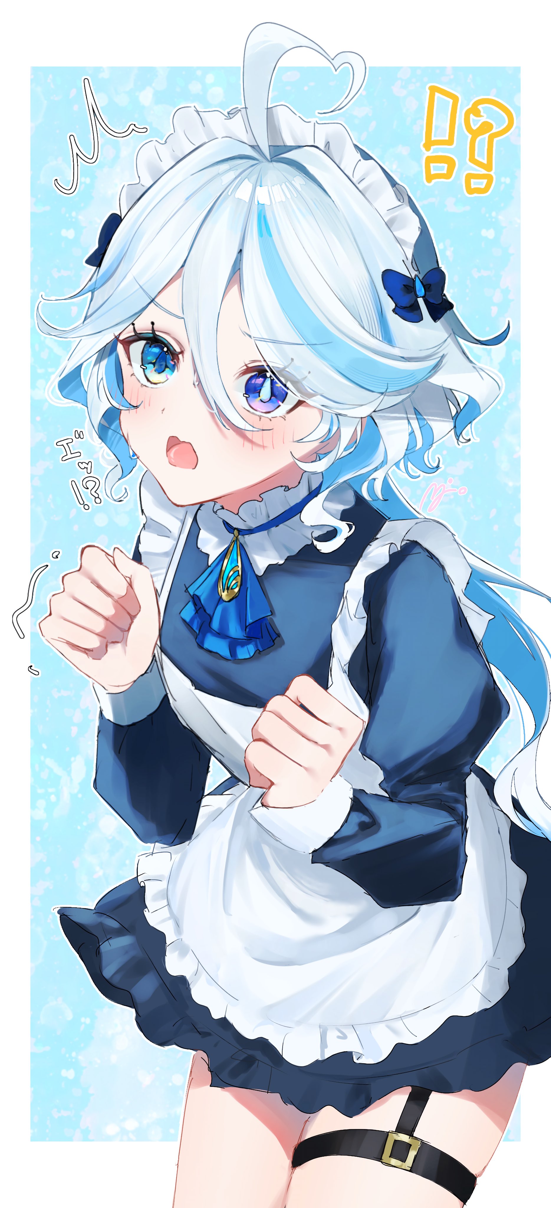 miyu 10969, furina (genshin impact), genshin impact, absurdres, commentary request, highres, !?, 1girl, ahoge, alternate costume, apron, ascot, blue ascot, blue background, blue bow, blue dress, blue eyes, blue hair, blue pupils, blush, border, bow, cowboy shot, dress, drop-shaped pupils, frills, hair between eyes, hair bow, heterochromia, long hair, long sleeves, maid, maid apron, maid headdress, mismatched pupils, multicolored hair, open mouth, outside border, solo, streaked hair, symbol-shaped pupils, thigh strap, wavy hair, white apron, white border, white hair, white headdress