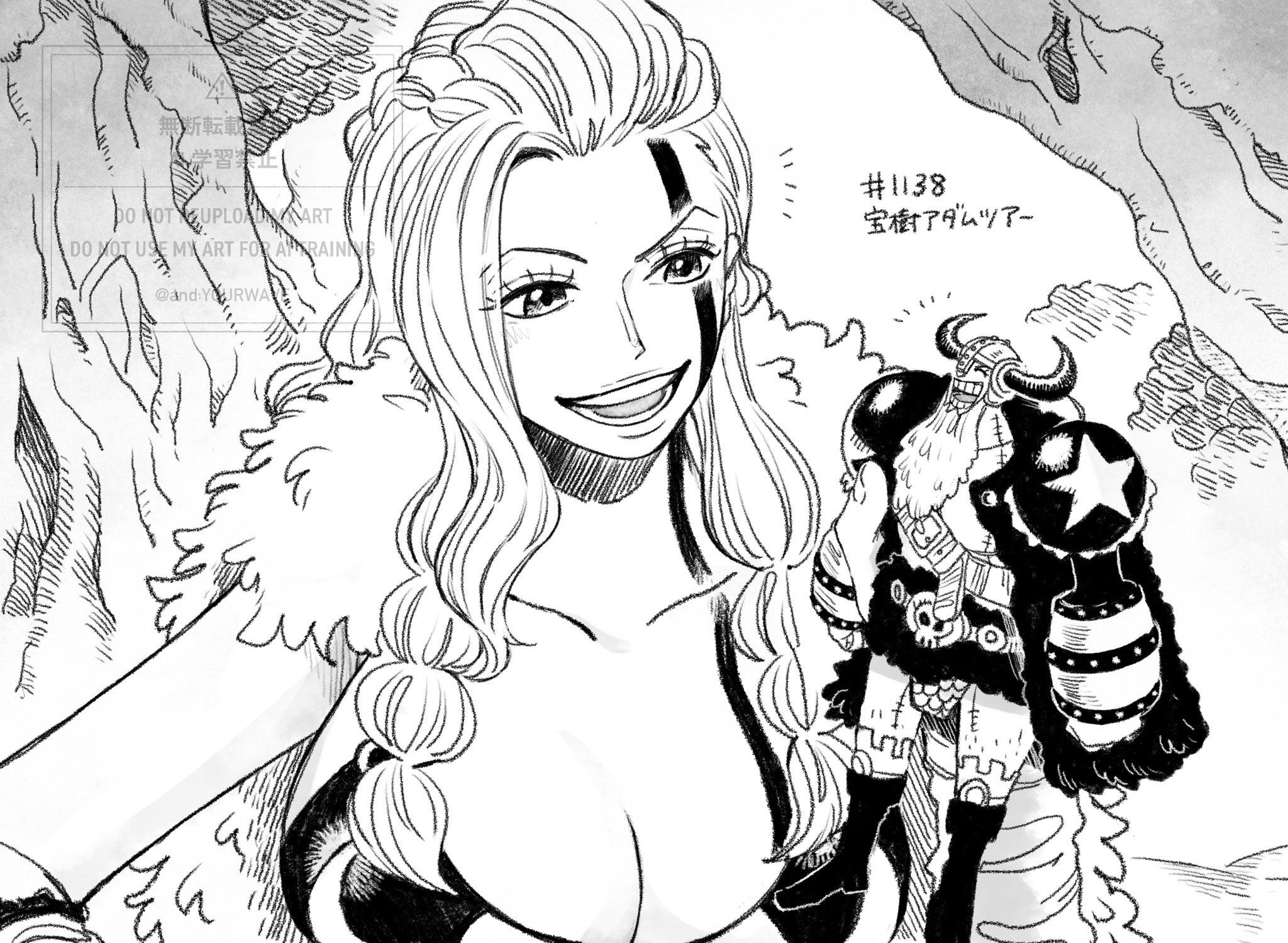 allout, franky (one piece), ripley (one piece), one piece, highres, 1boy, 1girl, ^ ^, body markings, boots, breasts, carrying, carrying person, cleavage, closed eyes, facial mark, fake beard, fake facial hair, fake horns, giant, giantess, greyscale, helmet, horned helmet, horns, leg hair, long hair, monochrome, notice lines, outdoors, smile, stitches, v-shaped eyebrows