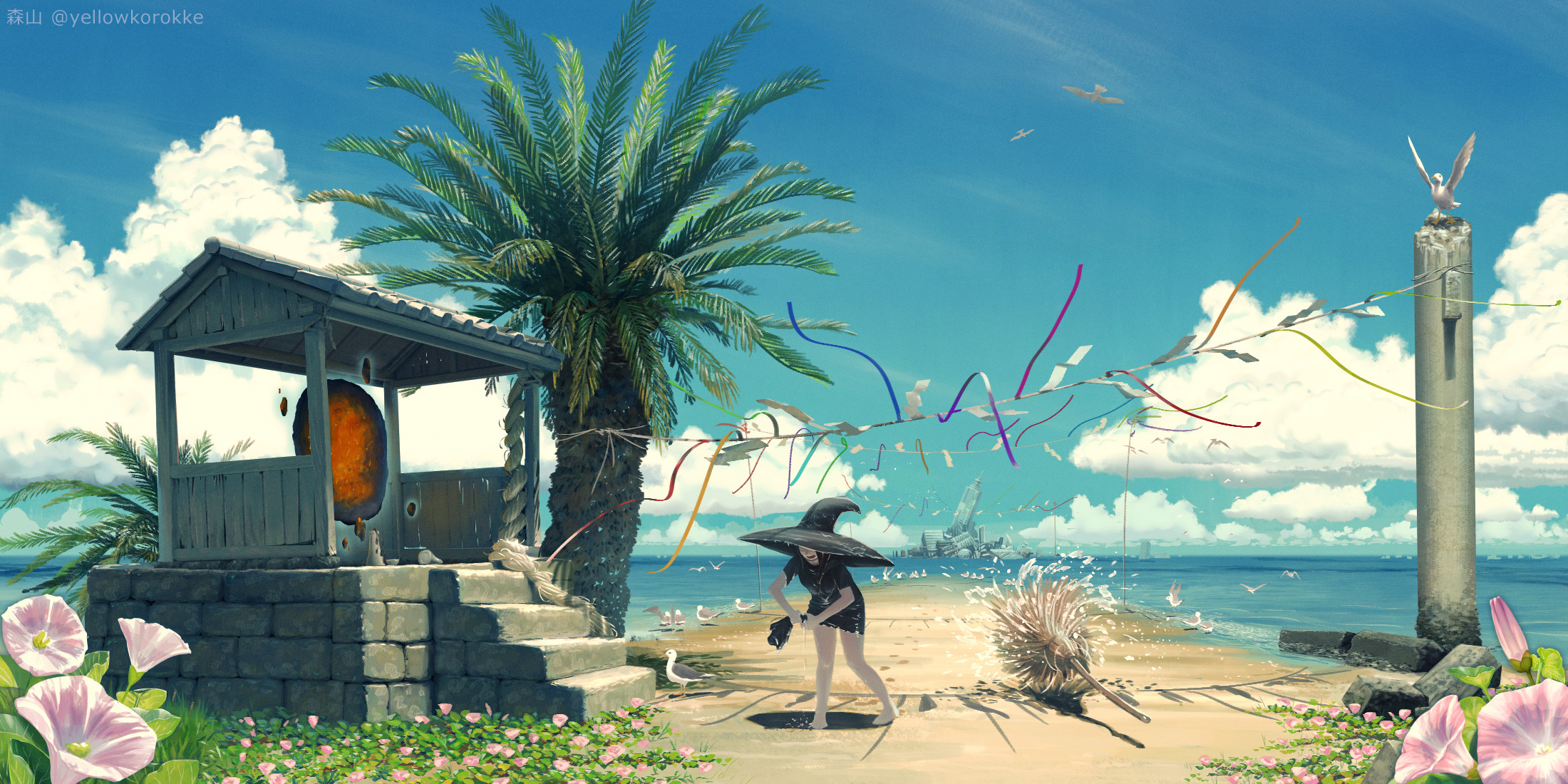 original, highres, 1girl, beach, bird, black dress, black hat, blue sky, broom, cloud, cloudy sky, cumulonimbus cloud, day, dress, hat, large hat, magic, ocean, outdoors, palm tree, pink hair, scenery, seagull, sky, stairs, tree, wide shot, witch, witch hat, wringing clothes, yellowkorokke