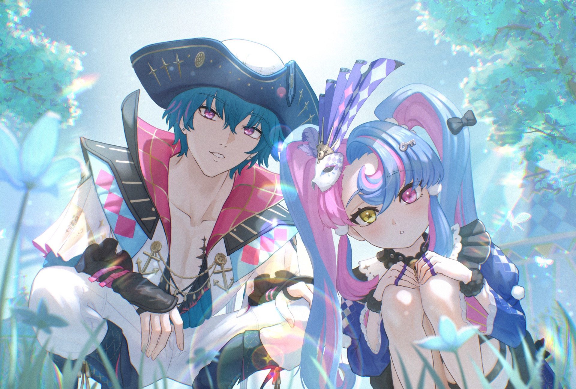 brant (wuthering waves), roccia (wuthering waves), wuthering waves, commentary request, highres, 1boy, 1girl, 8k u, blue hair, collarbone, hair between eyes, hat, heterochromia, looking at viewer, mask, mask on head, multicolored hair, pants, parted lips, pink eyes, pink hair, purple eyes, short hair, squatting, tacet mark (wuthering waves), tricorne, twintails, two-tone hair, white pants, yellow eyes