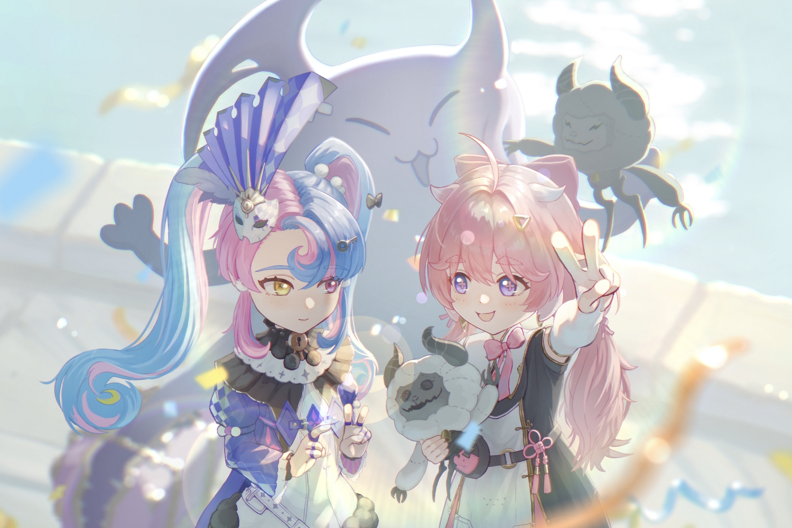 cloudy (wuthering waves), cosmos (wuthering waves), encore (wuthering waves), roccia (wuthering waves), wuthering waves, commentary request, highres, 2girls, 8k u, ahoge, blue hair, bow, closed mouth, double v, hair bow, hair ornament, heterochromia, long hair, looking at another, multiple girls, open mouth, pero (wuthering waves), pink bow, pink eyes, pink hair, purple eyes, smile, thick eyebrows, twintails, v, yellow eyes