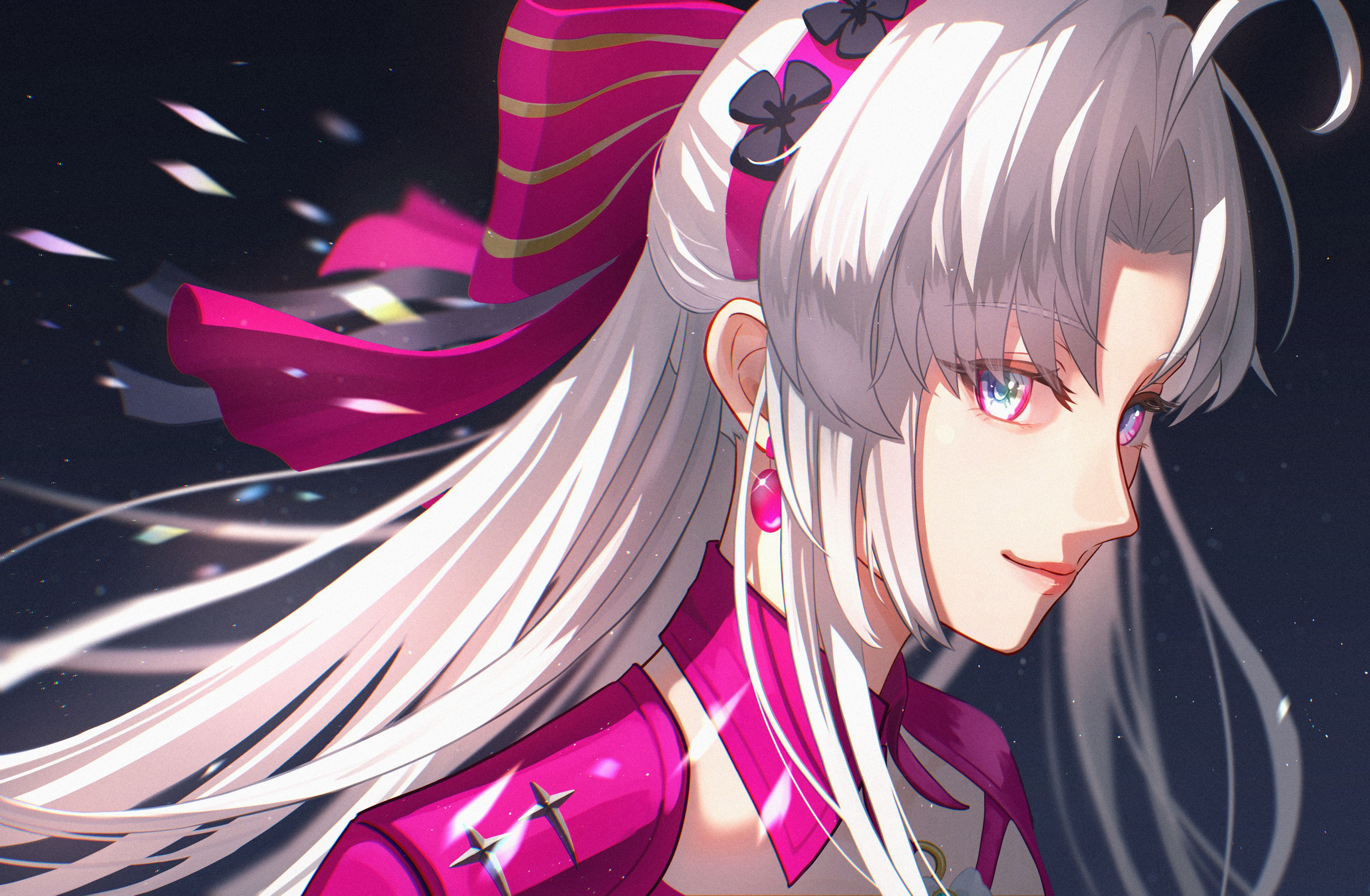 carlotta (wuthering waves), wuthering waves, commentary request, highres, 1girl, 8k u, aqua eyes, bow, earrings, grey hair, hair bow, hairband, jacket, jewelry, long hair, looking at viewer, pink bow, pink hairband, pink jacket, portrait, solo, striped bow