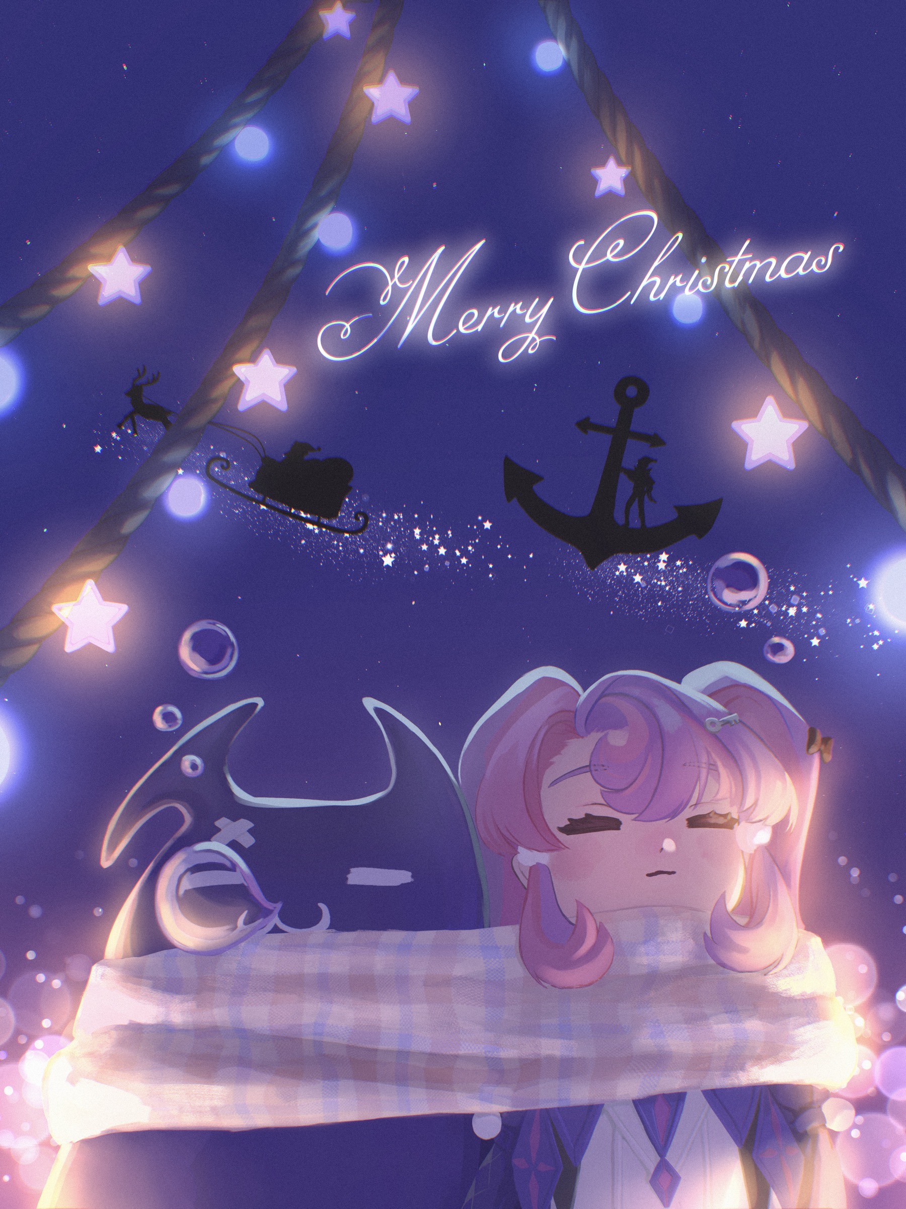 brant (wuthering waves), roccia (wuthering waves), wuthering waves, absurdres, commentary, commentary request, english commentary, highres, mixed-language commentary, 1boy, 1girl, 8k u, chromatic aberration, closed eyes, closed mouth, key hair ornament, long hair, merry christmas, nose bubble, pero (wuthering waves), pink hair, scarf, shared clothes, shared scarf