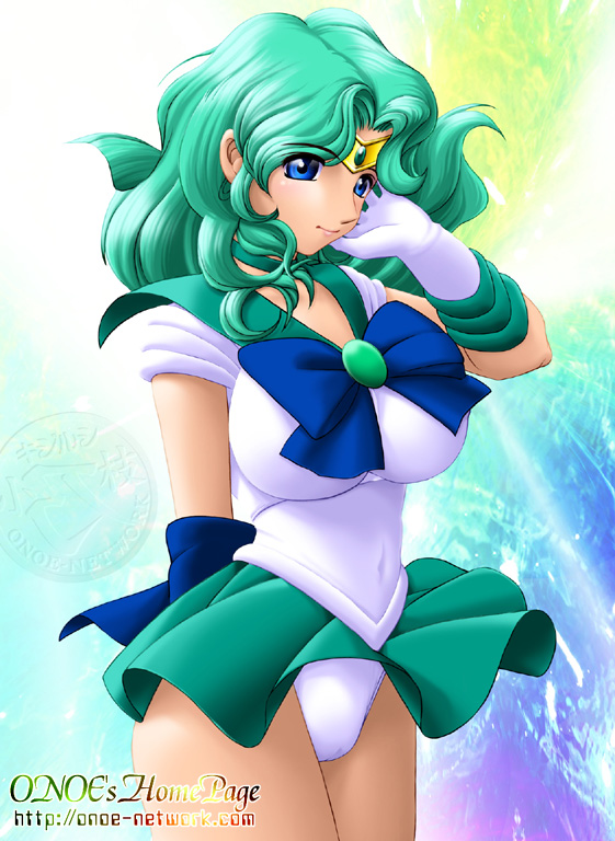 onoe, kaiou michiru, sailor neptune, bishoujo senshi sailor moon, 1990s (style), blue eyes, breasts, green hair, large breasts, long hair, panties, pantyshot, retro artstyle, solo, tiara, underwear, white panties