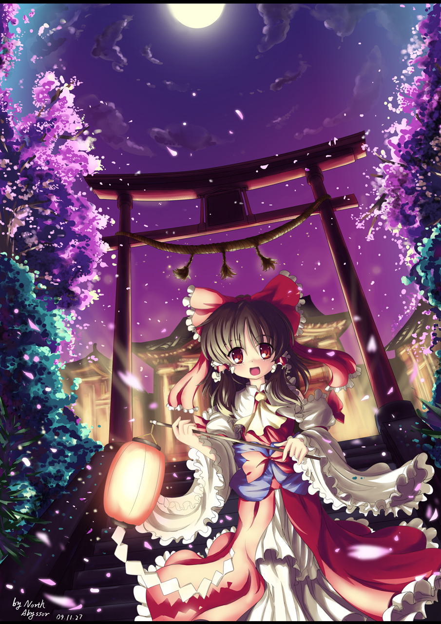 north abyssor, hakurei reimu, touhou, highres, 1girl, :d, artist name, bow, brown hair, cherry blossoms, cloud, dated, detached sleeves, female focus, full moon, japanese clothes, lantern, letterboxed, miko, moon, night, open mouth, petals, red eyes, rope, shimenawa, shrine, sky, smile, solo, stairs, torii, tree
