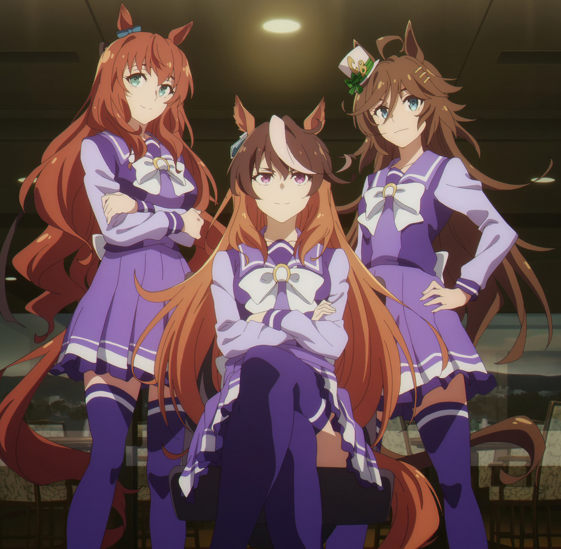 maruzensky (umamusume), mr. c.b. (umamusume), symboli rudolf (umamusume), umamusume, umamusume: cinderella gray, absurdres, highres, stitched, third-party edit, 3girls, ahoge, animal ears, blue bow, blue eyes, blue ribbon, bow, breasts, brown hair, brown tail, chair, closed mouth, collarbone, crossed arms, crossed legs, ear bow, ear ornament, ear ribbon, earrings, green eyes, hand on own hip, hat, horse ears, horse girl, horse tail, indoors, jewelry, large breasts, legs, long hair, long sleeves, miniskirt, multicolored hair, multiple girls, neckerchief, pleated skirt, purple eyes, purple sailor collar, purple serafuku, purple skirt, purple socks, purple thighhighs, ribbon, sailor collar, school uniform, serafuku, sitting, skirt, small breasts, small hat, smile, socks, streaked hair, tail, thighhighs, thighs, tracen school uniform, two-tone hair, upskirt, white hat, white neckerchief, white streaks, zettai ryouiki