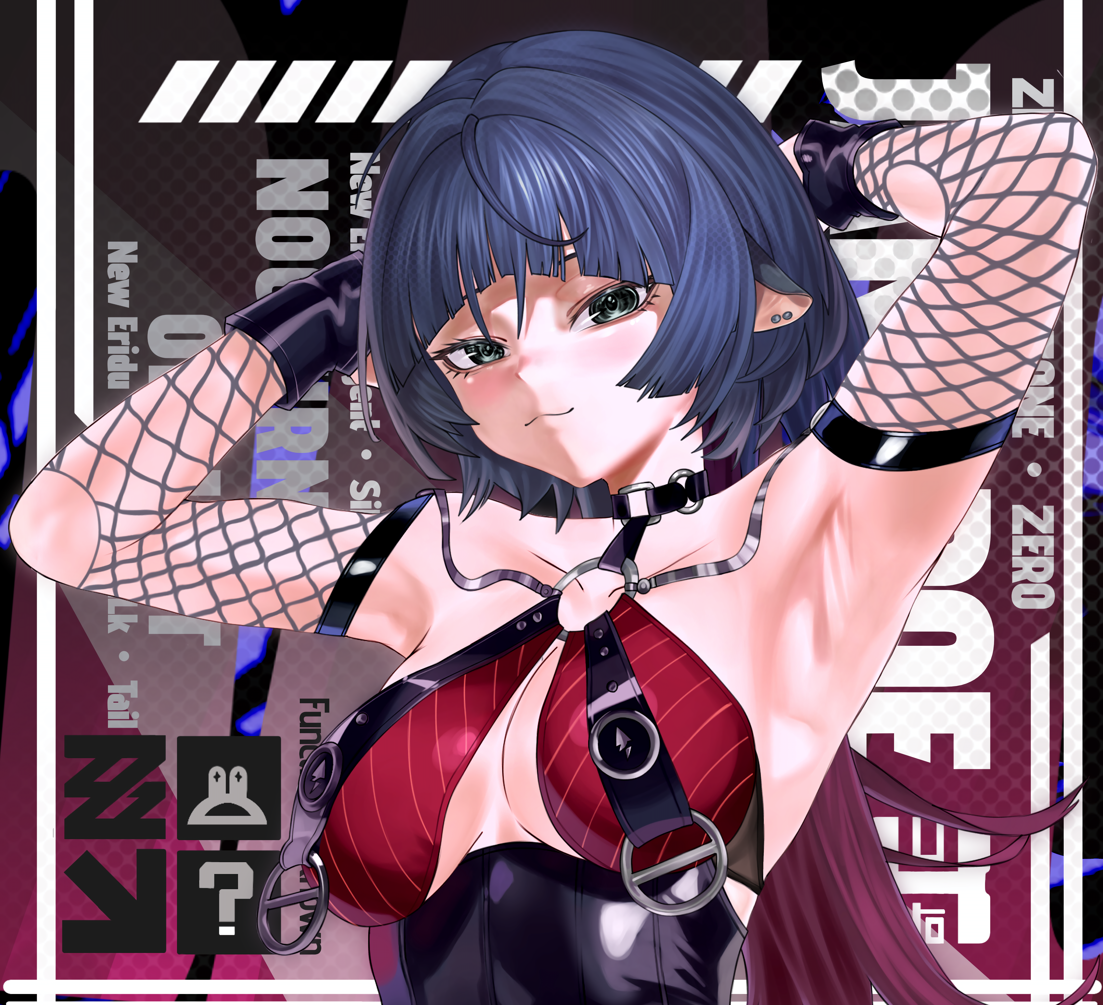 jane doe (nocturne of light) (zenless zone zero), jane doe (zenless zone zero), zenless zone zero, absurdres, commentary, english commentary, highres, 1girl, :3, animal ears, armpits, arms behind head, arms up, bare shoulders, black background, black hair, black one-piece swimsuit, blue eyes, breast curtains, breasts, character name, choker, cleavage, closed mouth, collarbone, earrings, english text, fishnet sleeves, fishnets, jewelry, leather leotard, long hair, looking at viewer, medium breasts, mouse ears, mouse girl, multicolored hair, o-ring, o-ring choker, o-ring swimsuit, official alternate costume, one-piece swimsuit, red background, red hair, red one-piece swimsuit, sbanashi, solo, swimsuit, two-tone one-piece swimsuit, upper body