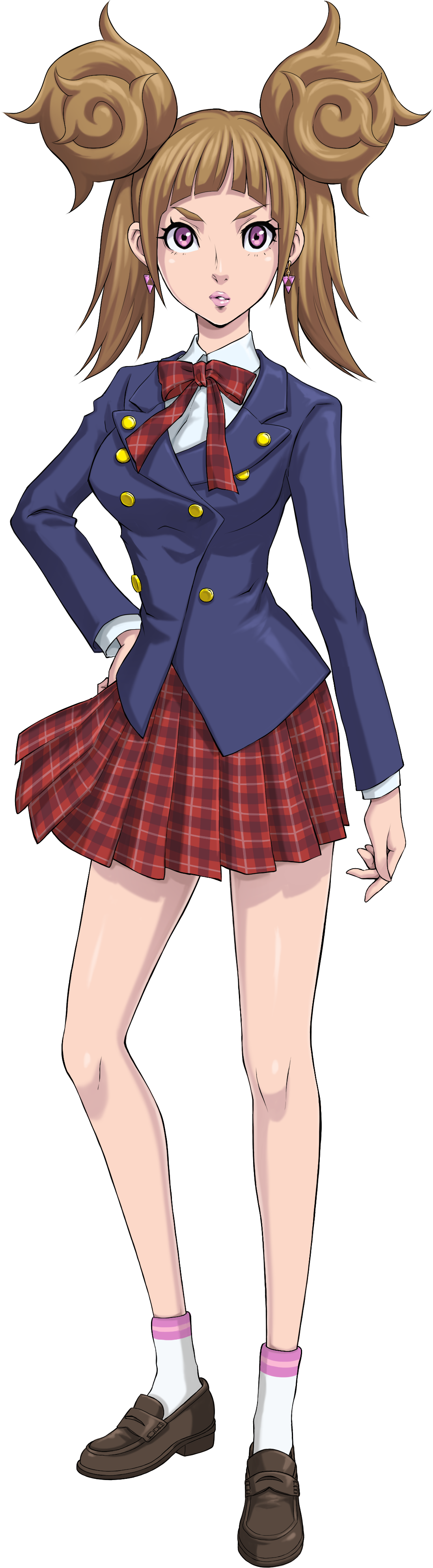 iwamoto tatsurou, ueda ririn, shin megami tensei, shin megami tensei: liberation dx2, absurdres, highres, official art, third-party source, 1girl, bow, bowtie, brown hair, double bun, earrings, full body, hair bun, jewelry, lipstick, makeup, pink eyes, pleated skirt, school uniform, simple background, skirt, solo, standing, transparent background