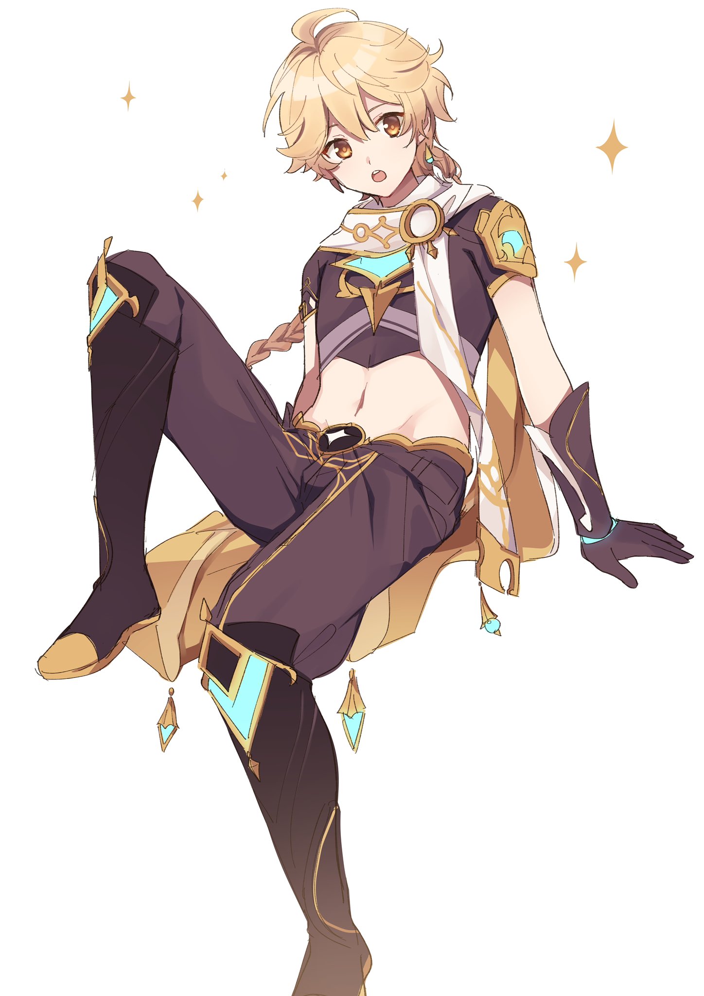 kuromame, aether (genshin impact), genshin impact, commentary request, highres, 1boy, ahoge, arm armor, armor, baggy pants, blonde hair, boots, braid, brown boots, brown eyes, brown gloves, brown pants, brown shirt, earrings, full body, gloves, gold trim, hair between eyes, jewelry, long hair, looking at viewer, low-braided long hair, low-tied long hair, male focus, midriff, navel, open mouth, orange pupils, pants, scarf, shirt, short sleeves, shoulder armor, simple background, single braid, single earring, sitting, solo, sparkle, star (symbol), teeth, tongue, white background, white scarf