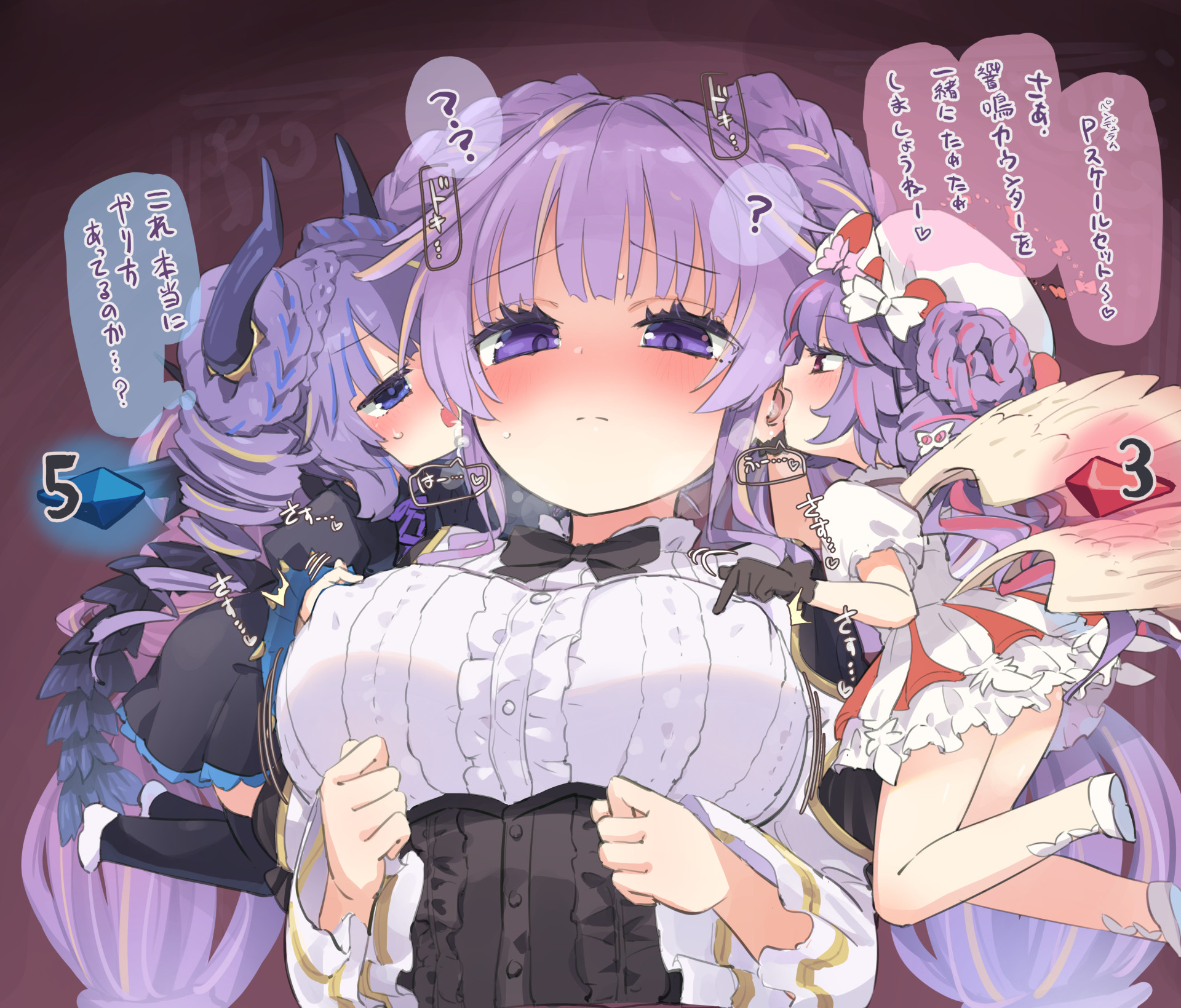 homura subaru, angello vaalmonica, dimonno vaalmonica, selettrice vaalmonica, yu-gi-oh!, commentary request, highres, translation request, 3girls, angel, angel and devil, angel wings, black bow, black corset, black dress, black thighhighs, blue eyes, bow, braid, breasts, chibi, corset, covered erect nipples, demon girl, demon horns, demon wings, double bun, dress, duel monster, embarrassed, frilled dress, frills, hair bun, hat, horns, large breasts, licking, licking another's face, long hair, long sleeves, looking at another, multiple girls, open mouth, orange eyes, pink hair, purple eyes, purple hair, speech bubble, thighhighs, thighs, tongue, tongue out, twin braids, very long hair, white dress, wings