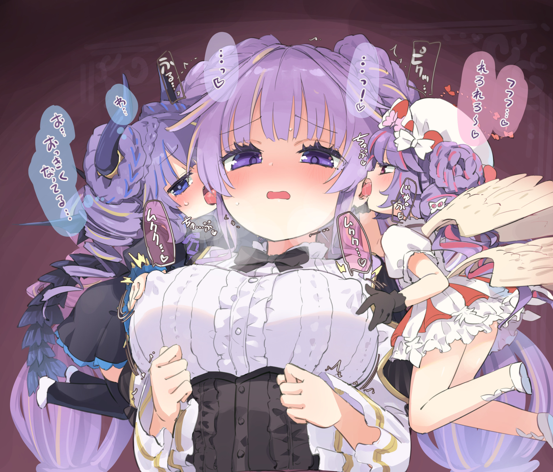 homura subaru, angello vaalmonica, dimonno vaalmonica, selettrice vaalmonica, yu-gi-oh!, commentary request, highres, translation request, 3girls, angel, angel and devil, angel wings, black bow, black corset, black dress, black thighhighs, blue eyes, bow, braid, breasts, chibi, corset, covered erect nipples, demon girl, demon horns, demon wings, double bun, dress, duel monster, embarrassed, frilled dress, frills, hair bun, hat, horns, large breasts, licking, licking another's face, long hair, long sleeves, looking at another, multiple girls, open mouth, orange eyes, pink hair, purple eyes, purple hair, speech bubble, thighhighs, thighs, tongue, tongue out, twin braids, very long hair, white dress, wings