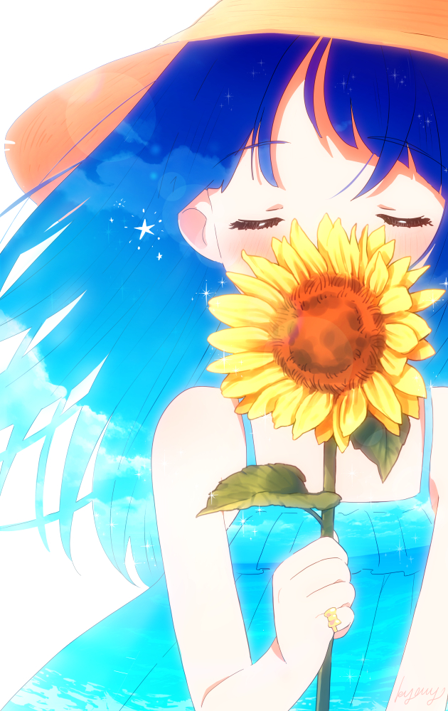 kyanos (b 0000ff), sora harewataru, hirogaru sky! precure, precure, commentary, 1girl, alternate hairstyle, artist name, blue dress, blue hair, blue sky, brown hat, casual, closed eyes, cloud, cloudy sky, double exposure, dress, facing viewer, flower, hair down, hat, holding, holding flower, jewelry, ocean, ring, signature, sky, sleeveless, sleeveless dress, smelling, smelling flower, solo, spaghetti strap, sparkle, straw hat, sun hat, sundress, sunflower, upper body, wind