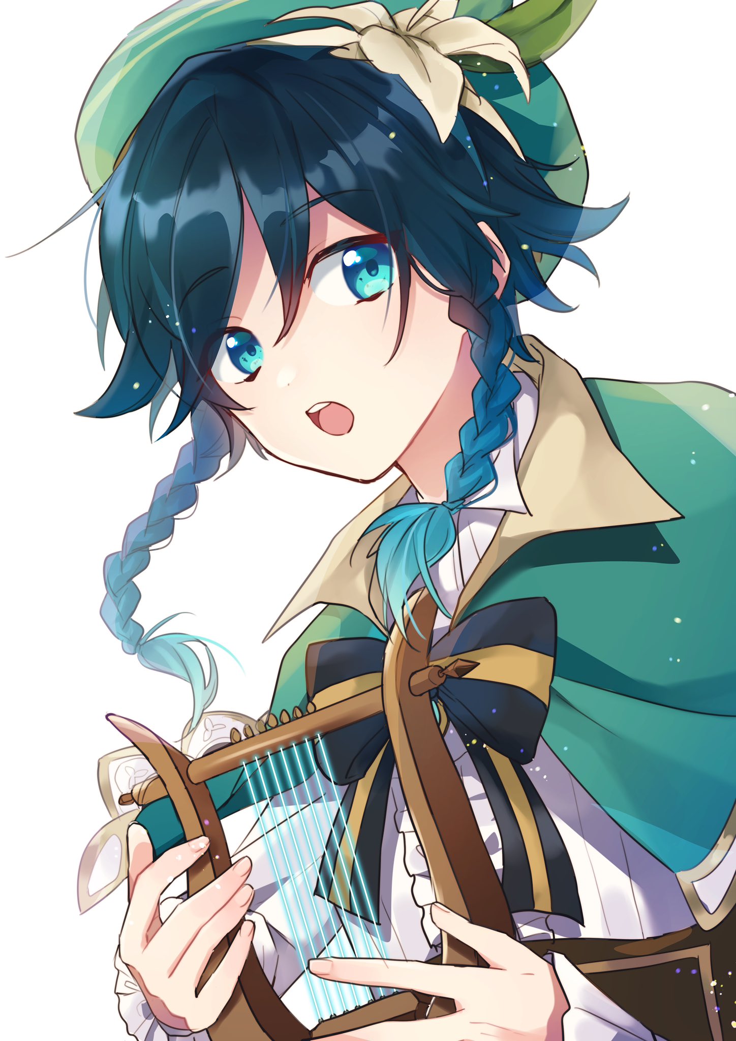 kuromame, venti (genshin impact), genshin impact, blue gem, commentary request, highres, 1boy, androgynous, aqua eyes, beret, black bow, black bowtie, black hair, blue hair, bow, bowtie, braid, brown corset, capelet, collared capelet, collared shirt, corset, fingernails, flower, frills, gem, gradient hair, green capelet, green hat, hair between eyes, hands up, hat, hat flower, hat ornament, holding, holding instrument, holding lyre, instrument, jewelry, leaf hat ornament, long sleeves, looking at viewer, lyre, male focus, multicolored hair, open mouth, pendant, puffy long sleeves, puffy sleeves, shirt, short hair, simple background, solo, striped bow, striped bowtie, striped clothes, teeth, tongue, twin braids, upper body, white background, white shirt, yellow flower