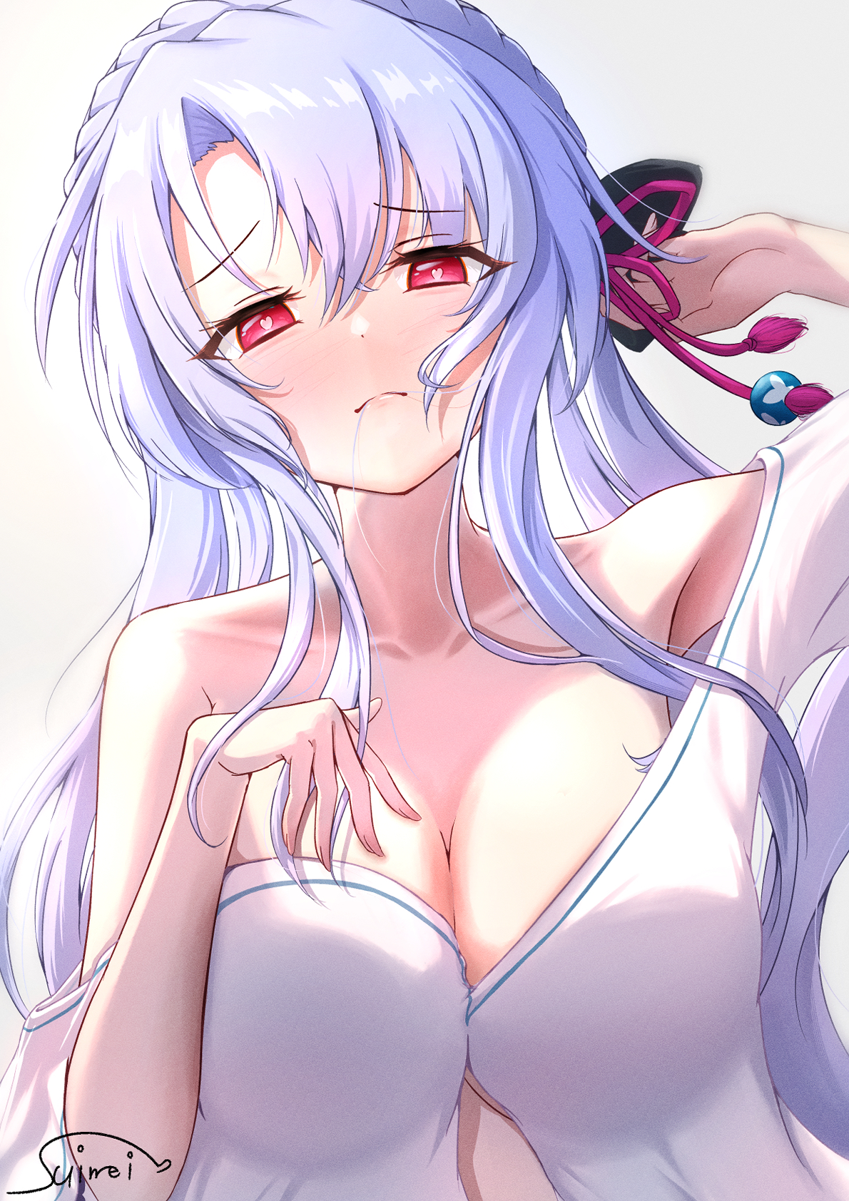 suimei (ramebi3), sorakado ao, summer pockets, commentary, highres, 1girl, animal print, arm up, bare shoulders, black bow, blue hair, blush, bow, braid, breasts, butterfly print, casual, cleavage, closed mouth, collarbone, crown braid, eyelashes, eyes visible through hair, film grain, furrowed brow, hair between eyes, hair bow, hair in own mouth, hair ribbon, hand up, heart, heart-shaped pupils, large breasts, long hair, looking at viewer, lovestruck, red eyes, red ribbon, ribbon, shirt, shirt partially removed, short sleeves, sidelocks, signature, simple background, solo, symbol-shaped pupils, upper body, very long hair, white background, white shirt