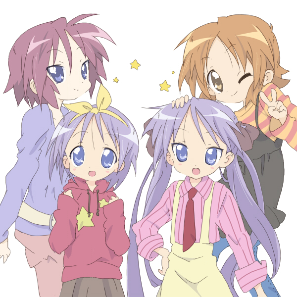core (mayomayo), hiiragi inori, hiiragi kagami, hiiragi matsuri, hiiragi tsukasa, lucky star, hand on head, bad id, bad pixiv id, 00s, 4girls, blue eyes, bow, brown eyes, brown hair, collarbone, hair bow, hair ribbon, hood, hoodie, long hair, multiple girls, necktie, one eye closed, purple hair, ribbon, short hair, siblings, simple background, sisters, smile, star (symbol), suspenders, tareme, tsurime, twins, twintails, v, wink