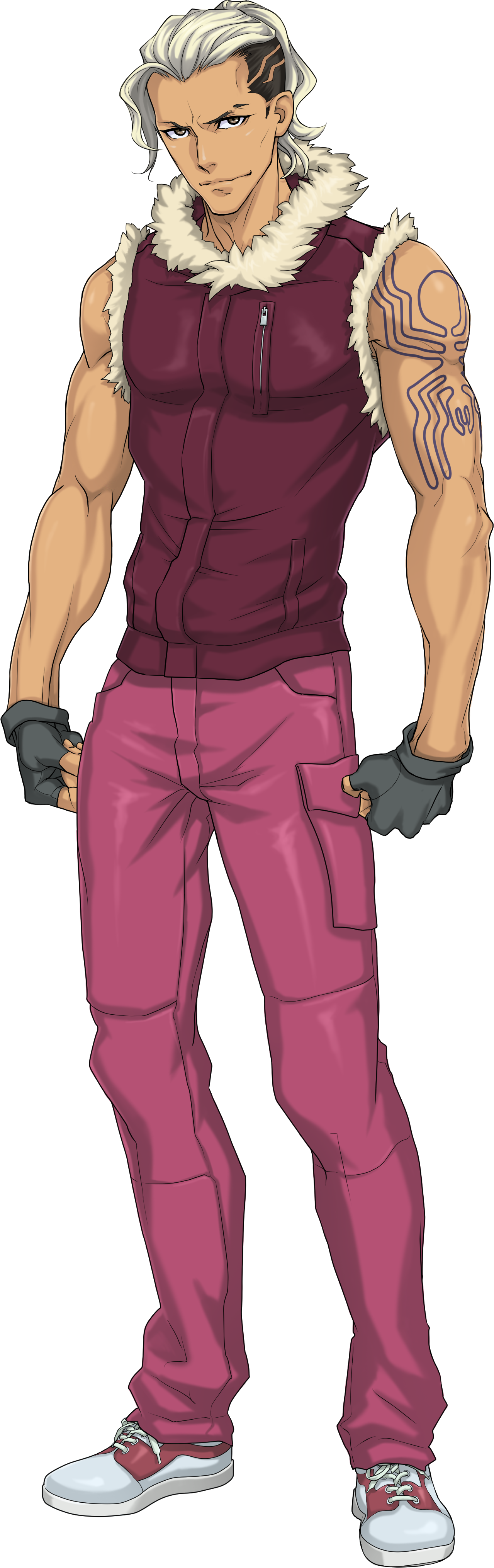 iwamoto tatsurou, shin megami tensei, shin megami tensei: liberation dx2, absurdres, highres, official art, third-party source, 1boy, arm tattoo, brown eyes, brown hair, fingerless gloves, full body, fur trim, gloves, male focus, multicolored hair, ponytail, simple background, solo, spider tattoo, standing, tattoo, transparent background, tsai-jung yun, two-tone hair, white hair