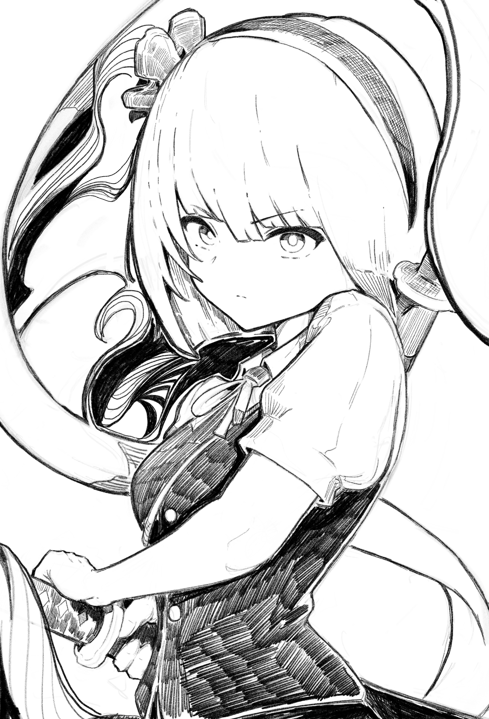 sashimi oniku, konpaku youmu, konpaku youmu (ghost), touhou, highres, 1girl, breasts, collared shirt, greyscale, hair ribbon, hairband, holding, holding sword, holding weapon, katana, looking at viewer, monochrome, neck ribbon, puffy short sleeves, puffy sleeves, ribbon, sheath, sheathed, shirt, short sleeves, small breasts, solo, sword, upper body, vest, weapon, weapon on back