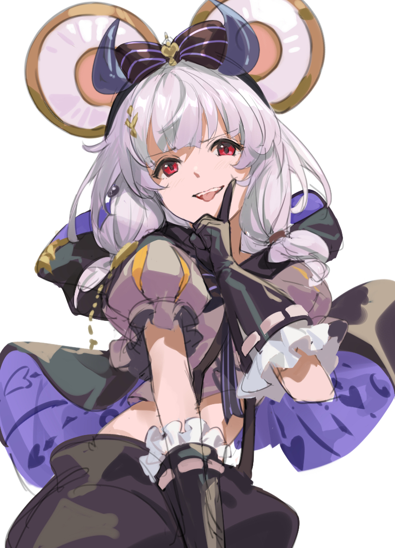 nos (nos tsn), vikala (granblue fantasy), vikala (halloween) (granblue fantasy), granblue fantasy, 1girl, animal ears, black gloves, black shorts, bow hairband, cape, crop top, fake animal ears, fake horns, frilled gloves, frills, gloves, grey hair, grey shirt, hairband, horns, index finger raised, long hair, looking at viewer, mouse ears, open mouth, puffy sleeves, red eyes, shirt, shorts, simple background, smile, solo, teeth, tongue, tongue out, upper body, upper teeth only, white background