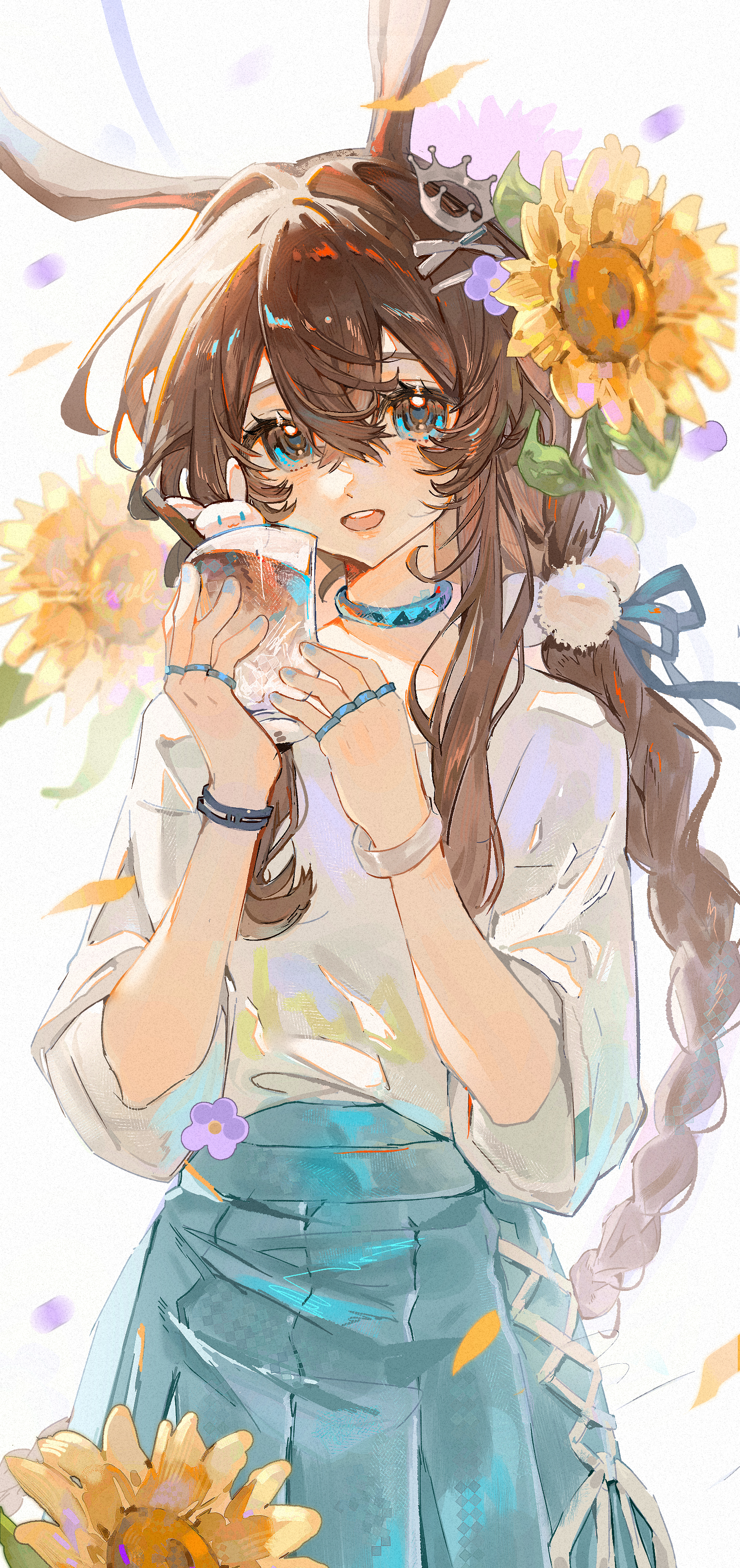 amiya (arknights), infection monitor (arknights), arknights, absurdres, chinese commentary, commentary request, highres, animal ears, blue choker, blue nails, blue ribbon, blue skirt, bracelet, braid, brown hair, choker, cowboy shot, crossed bangs, cup, flower, hair between eyes, hair flower, hair intakes, hair ornament, hair ribbon, hands up, holding, holding cup, jewelry, long hair, long sidelocks, looking at viewer, multiple rings, open mouth, purple flower, rabbit ears, rabbit girl, ribbon, ring, ring on every finger, shirt, sidelocks, skirt, smile, sunflower, teeth, three-quarter sleeves, upper teeth only, white shirt, xiao pa crawl, yellow flower