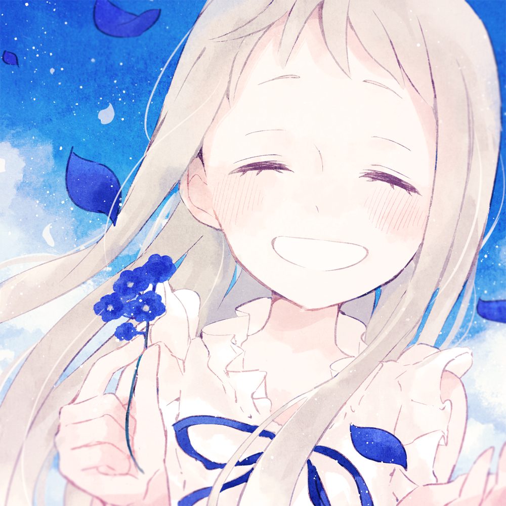 koame 1027, honma meiko, ano hi mita hana no namae wo bokutachi wa mada shiranai., commentary request, 1girl, blush, closed eyes, dress, facing viewer, flower, forget-me-not (flower), grey hair, holding, holding flower, long hair, petals, smile, solo, upper body, white dress