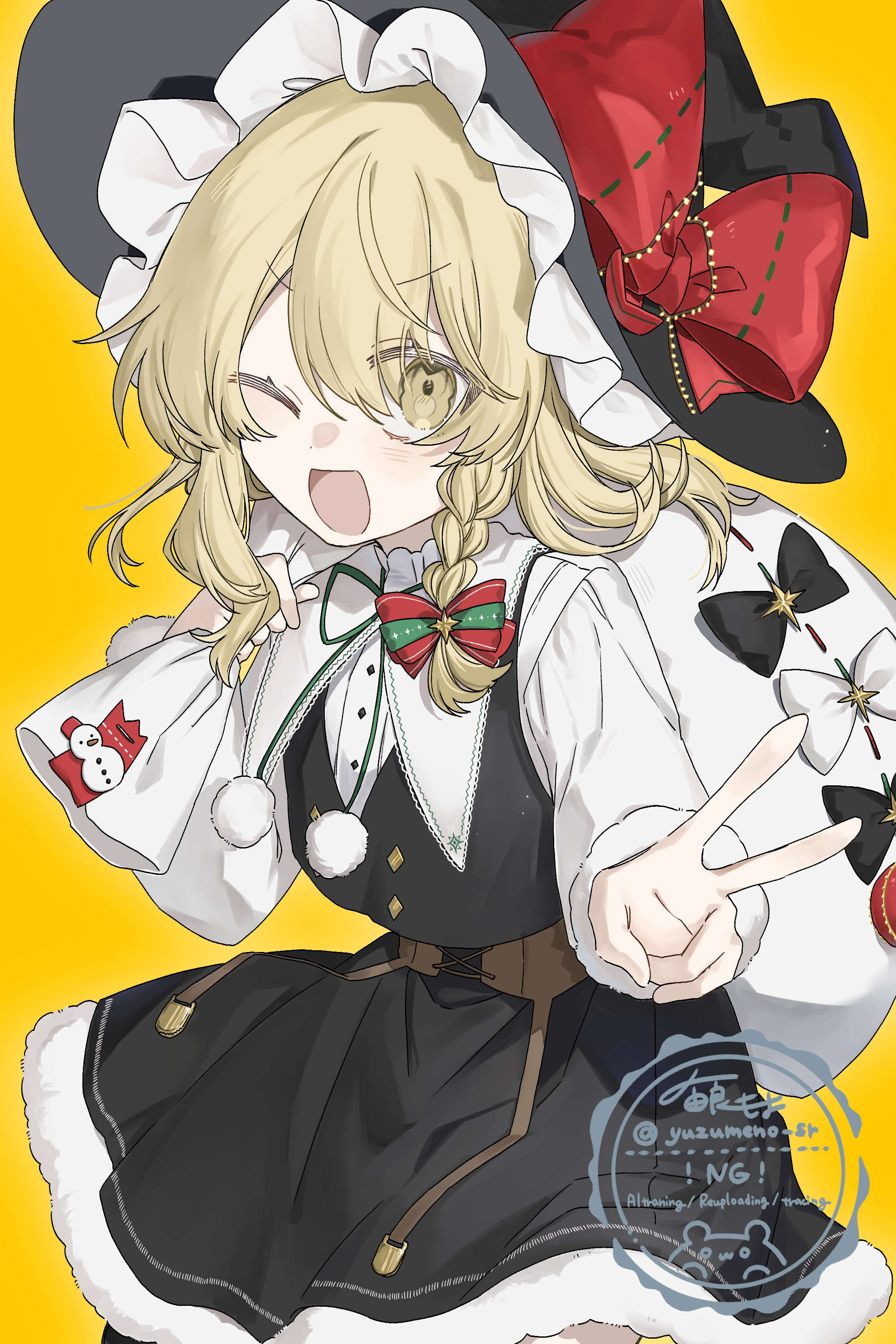 chu (yuzumeno), kirisame marisa, touhou, absurdres, commentary, highres, symbol-only commentary, 1girl, :d, adapted costume, black dress, blonde hair, bow, braid, christmas, dress, fur-trimmed dress, fur-trimmed sleeves, fur trim, hair between eyes, hair bow, hair ribbon, hat, hat bow, holding, holding sack, long hair, long sleeves, looking at viewer, one eye closed, open mouth, pom pom (clothes), red bow, ribbon, sack, shirt, side braid, single braid, smile, snowman ornament, solo, v, watermark, white shirt, witch hat, yellow background, yellow eyes
