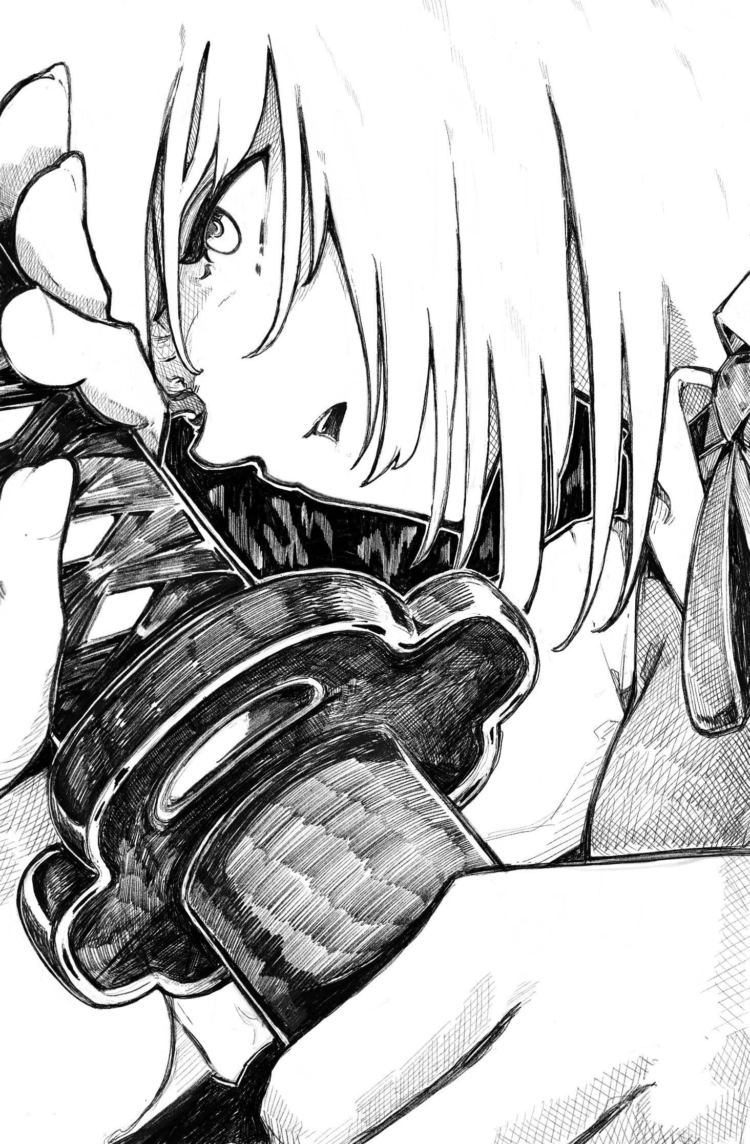 sashimi oniku, konpaku youmu, konpaku youmu (ghost), touhou, highres, 1girl, close-up, collared shirt, from side, holding, holding sword, holding weapon, katana, neck ribbon, ribbon, sheath, sheathed, shirt, short sleeves, solo, sword, vest, weapon