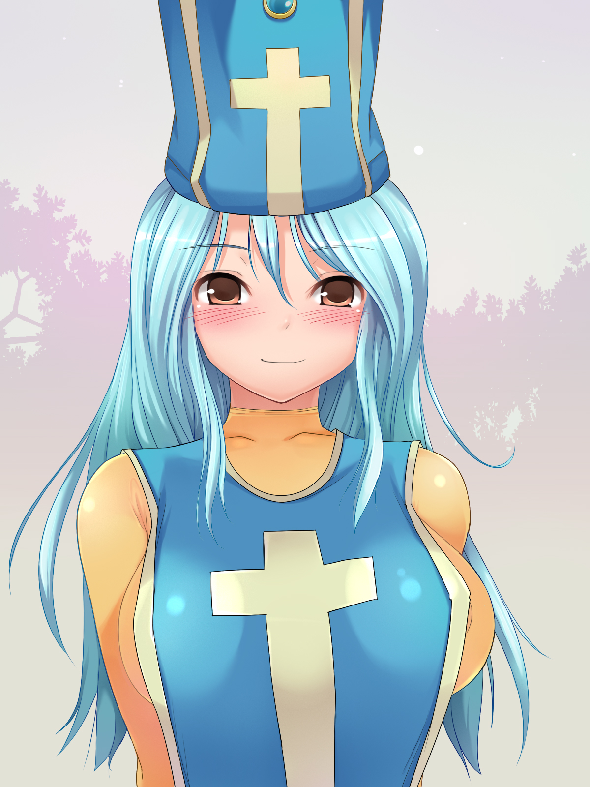 heart dorobow, priest (dq3), chunsoft, dragon quest, dragon quest iii, enix, highres, tagme, 1girl, blue hair, blush, brown eyes, female focus, hat, latex, smile, solo