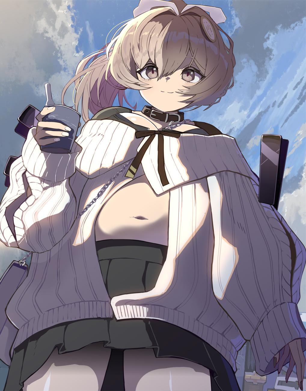 syope, bready (frosty bite) (nikke), bready (nikke), goddess of victory: nikke, 1girl, bag, belly, belt collar, black nails, black skirt, bread clip, breasts, brown eyes, brown hair, choker, cleavage, collar, fingernails, food, hair between eyes, hair ornament, handbag, holding, holding food, holding ice cream, ice cream, large breasts, long fingernails, long hair, navel, official alternate costume, open sweater, outdoors, ribbed sweater, side ponytail, skirt, sky, smile, solo, standing, sweater, white sweater