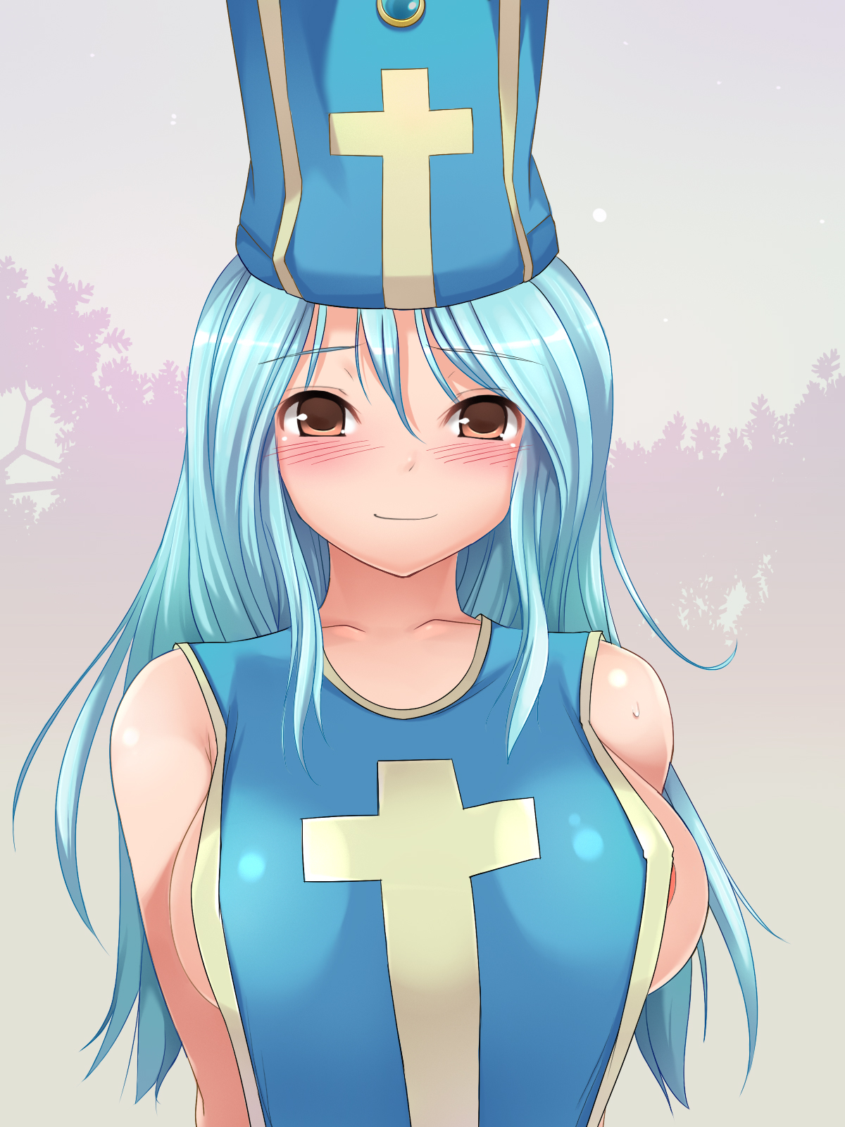 heart dorobow, priest (dq3), chunsoft, dragon quest, dragon quest iii, enix, highres, tagme, 1girl, apron, blue hair, blush, brown eyes, female focus, hat, naked apron, smile, solo